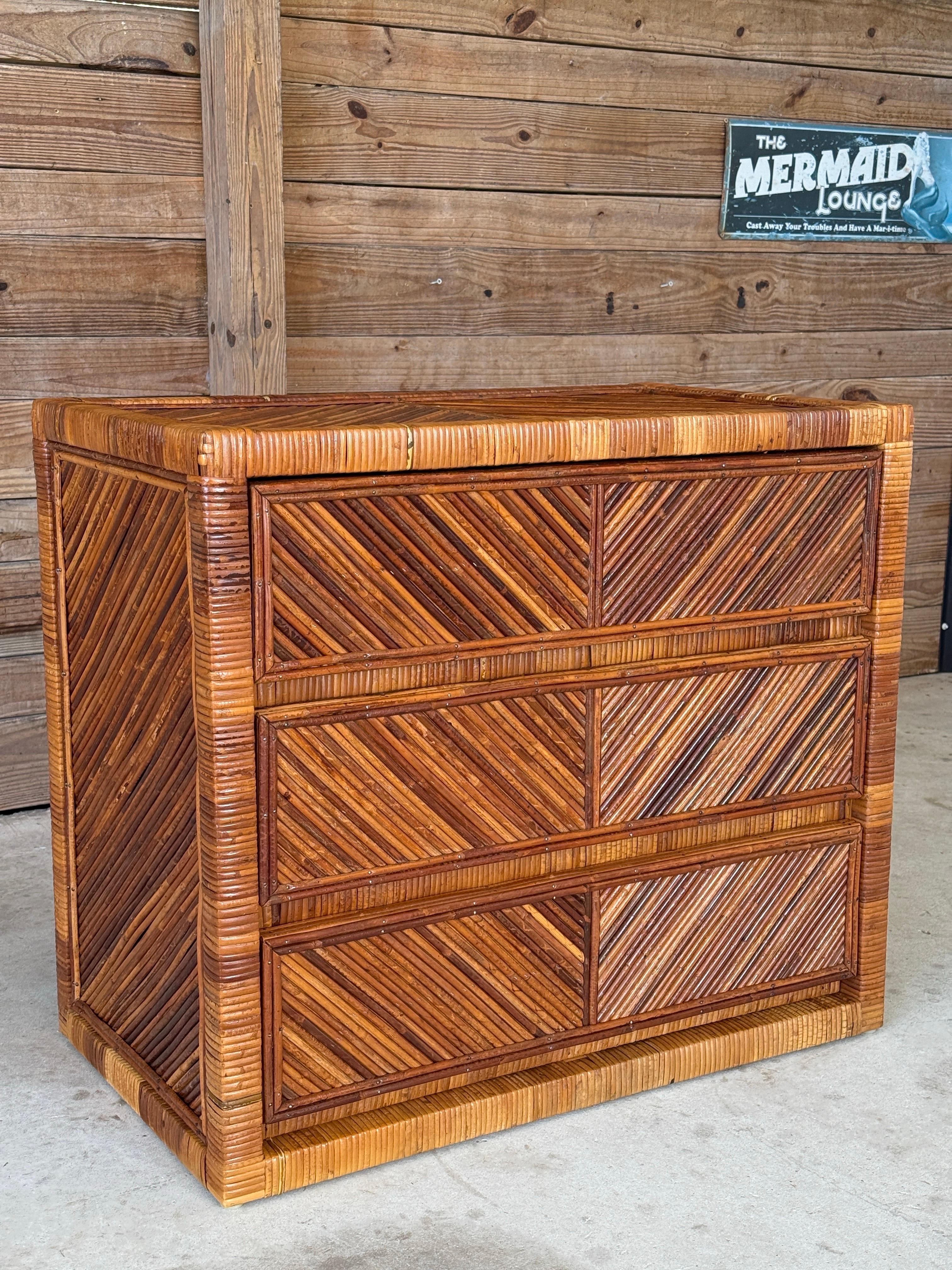 Mid-20th Century Organic Modern Pencil Reed Chevron Rattan Nightstand Chest For Sale 9