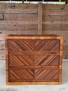 Mid-20th Century Organic Modern Pencil Reed Chevron Rattan Nightstand Chest