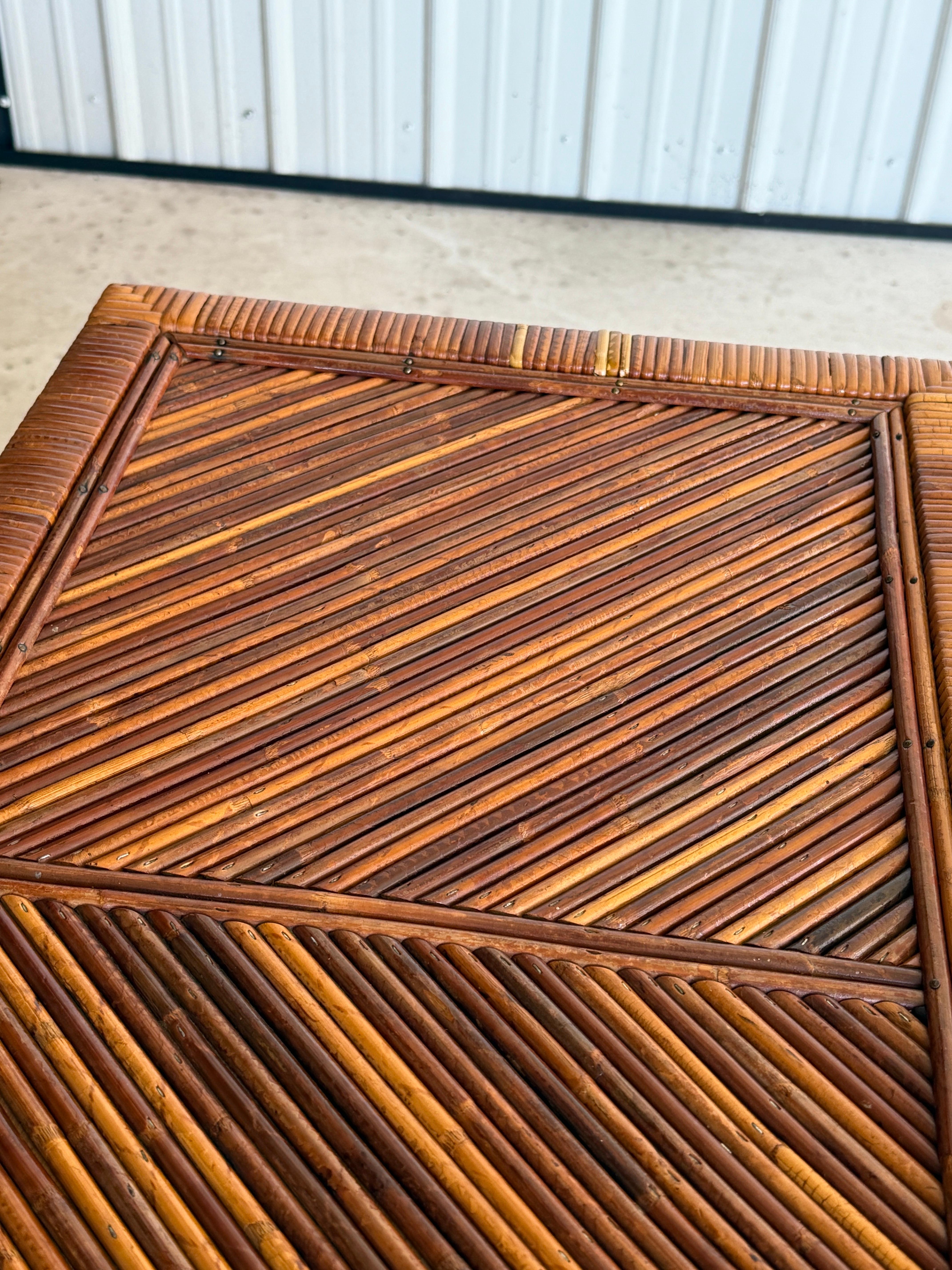 Hand-Crafted Mid-20th Century Organic Modern Pencil Reed Chevron Rattan Nightstand Chest For Sale