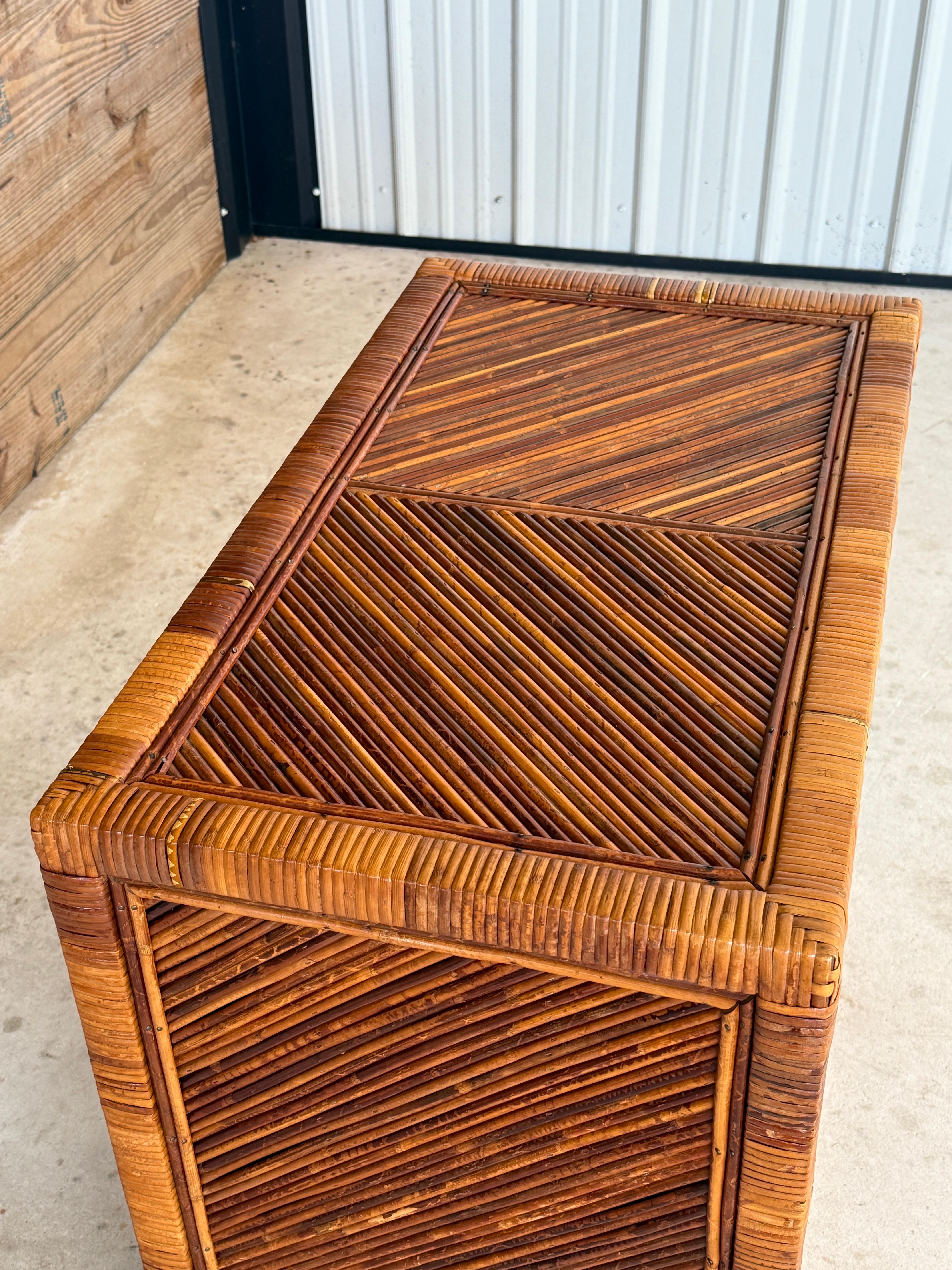 Mid-20th Century Organic Modern Pencil Reed Chevron Rattan Nightstand Chest In Good Condition For Sale In North Fort Myers, FL
