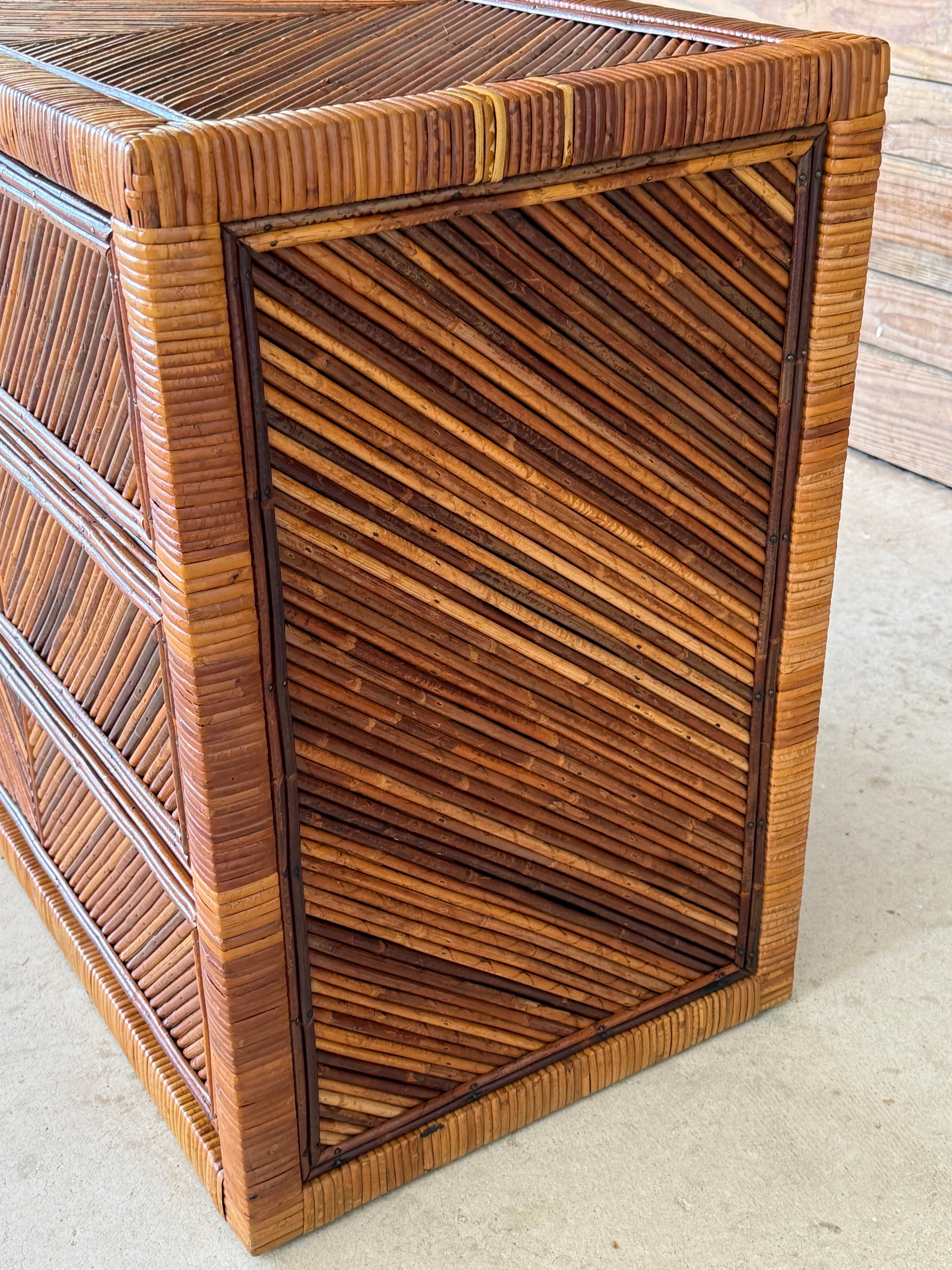 Mid-20th Century Organic Modern Pencil Reed Chevron Rattan Nightstand Chest For Sale 1