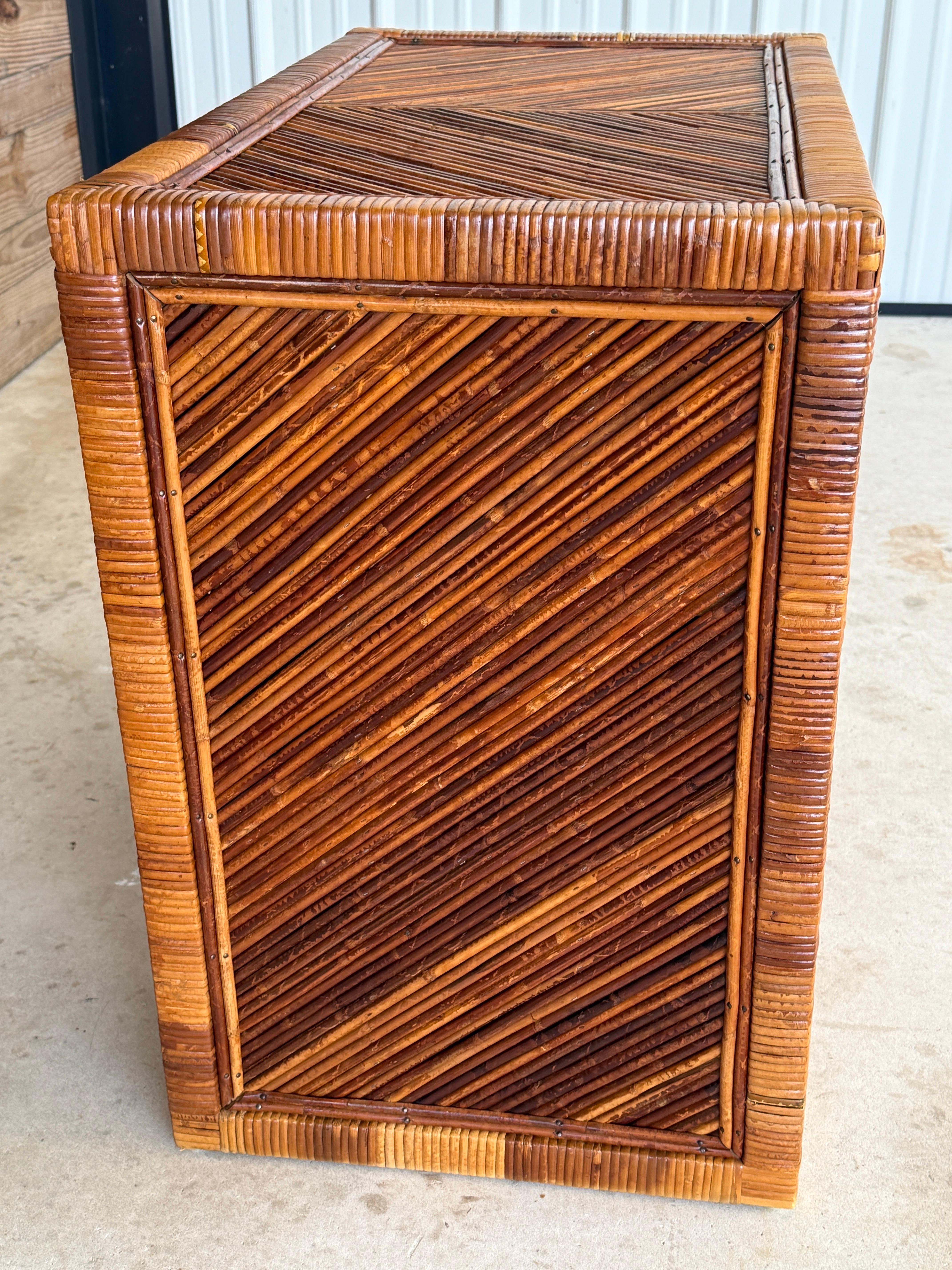 Mid-20th Century Organic Modern Pencil Reed Chevron Rattan Nightstand Chest For Sale 2