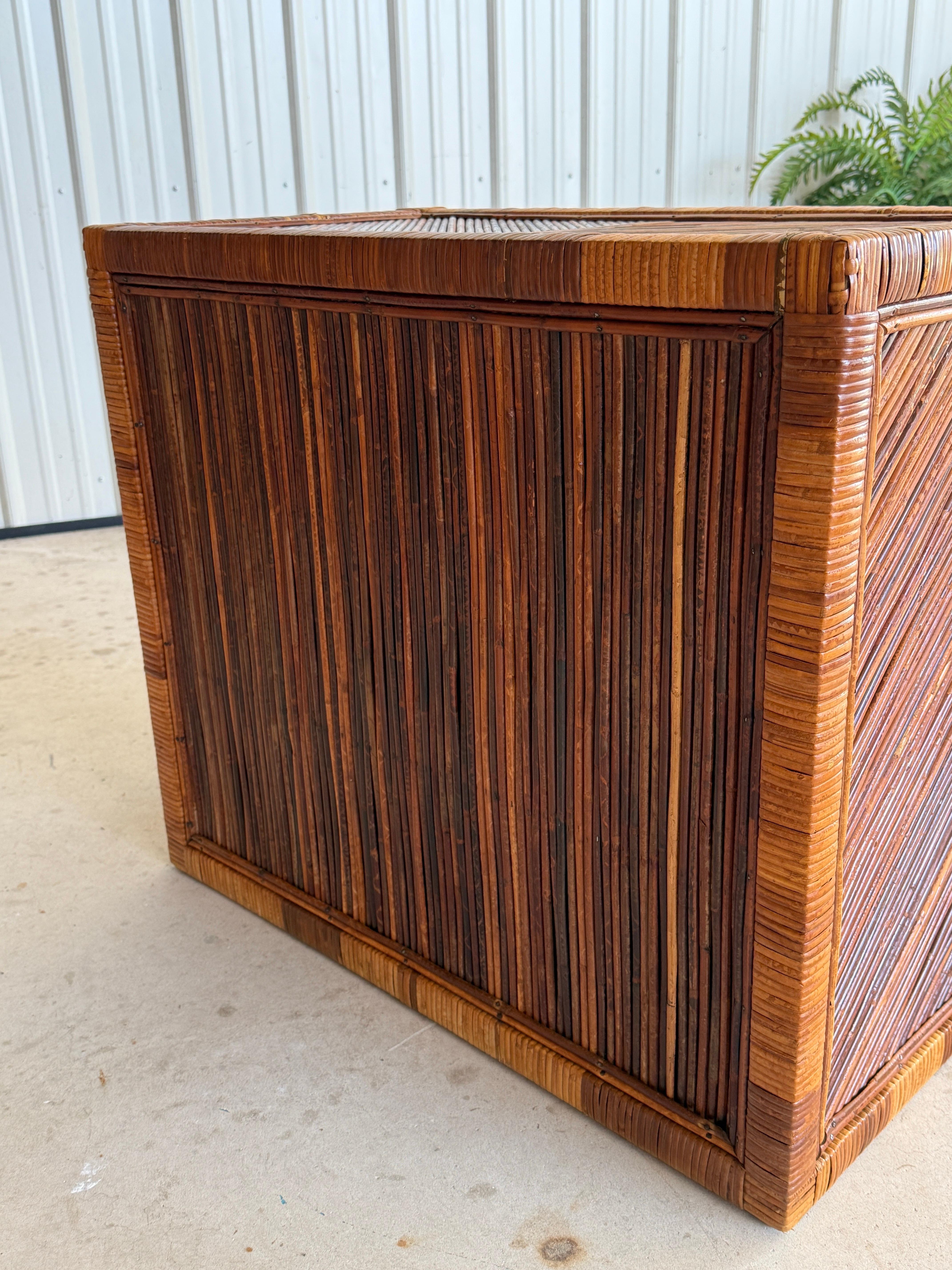 Mid-20th Century Organic Modern Pencil Reed Chevron Rattan Nightstand Chest For Sale 5