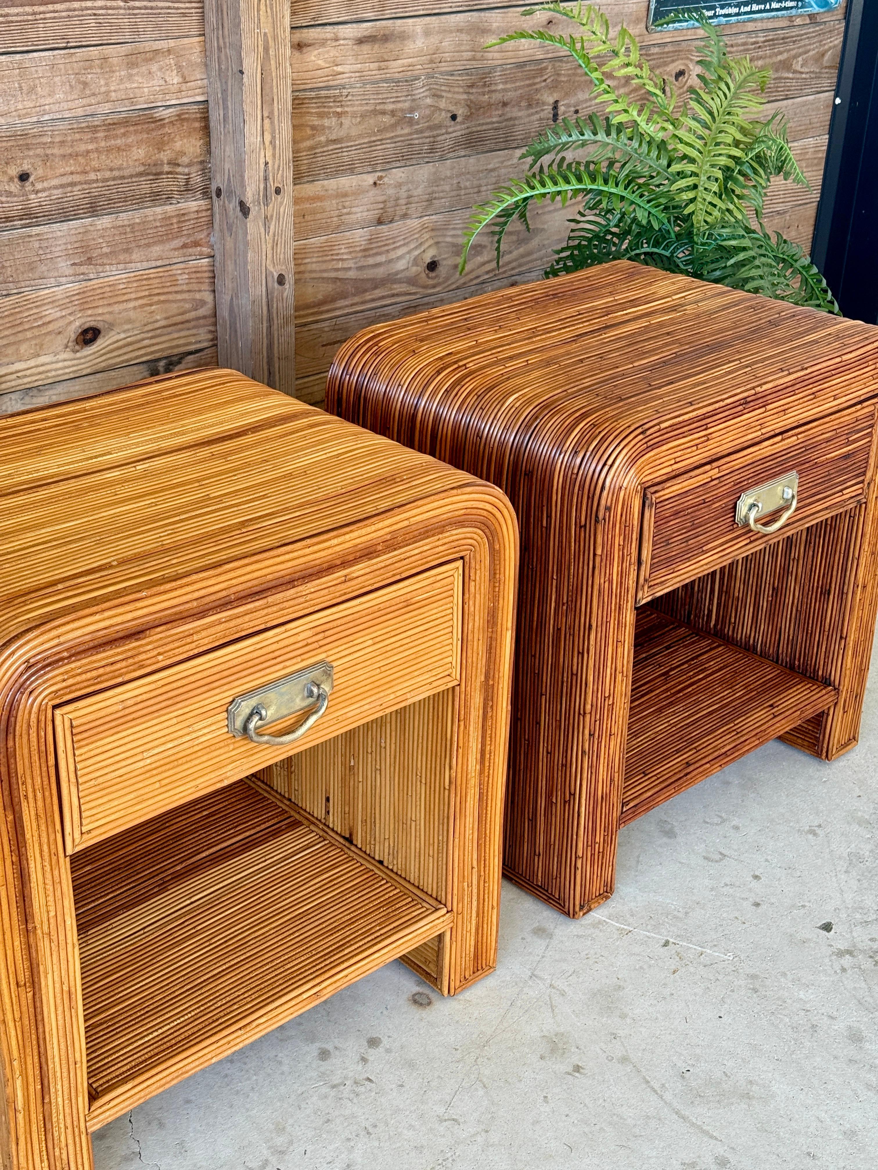 Mid-20th Century Organic Modern Pencil Reed Rattan Waterfall Nightstands Manner 7