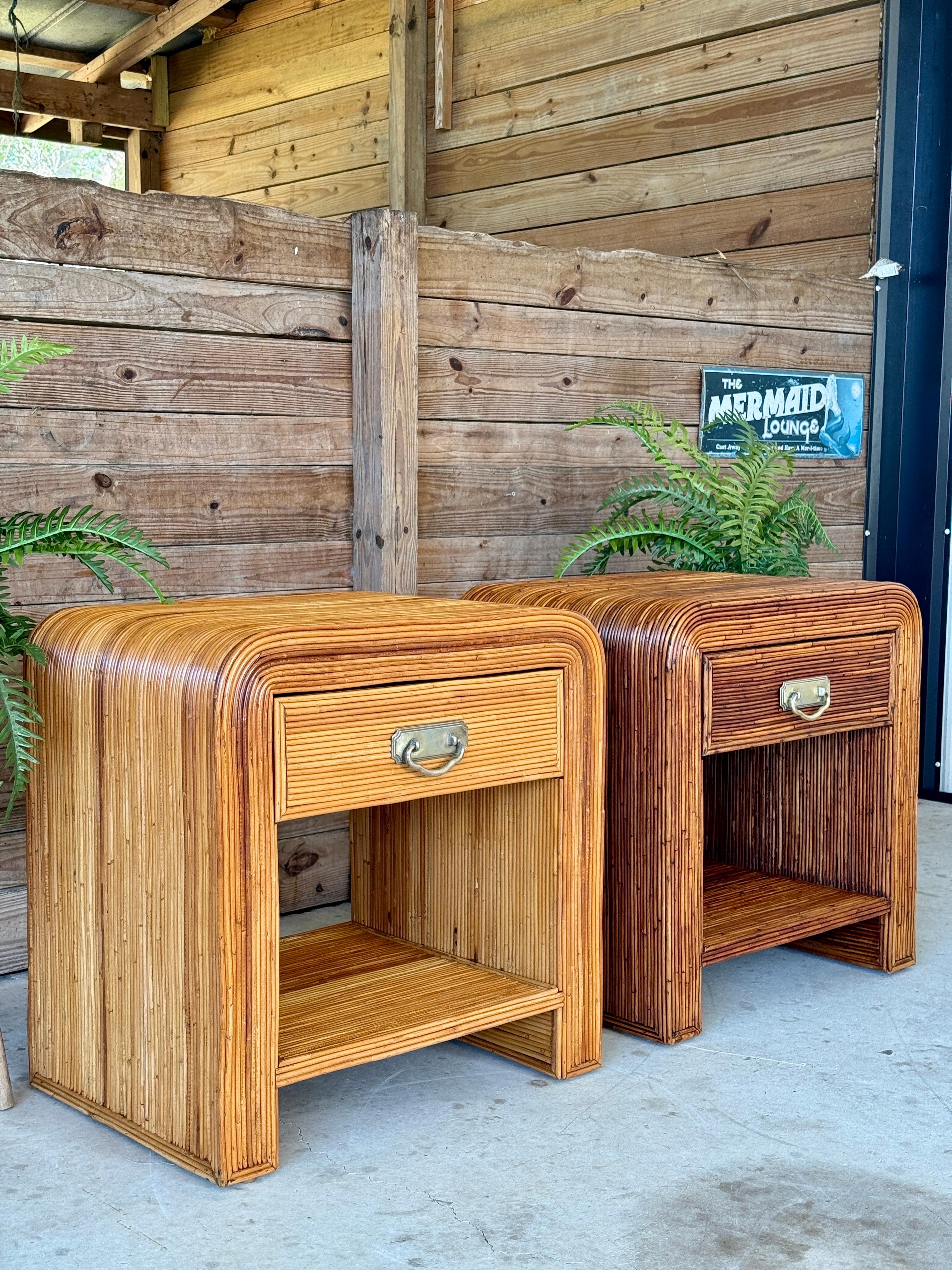 Mid-20th Century Organic Modern Pencil Reed Rattan Waterfall Nightstands Manner 9