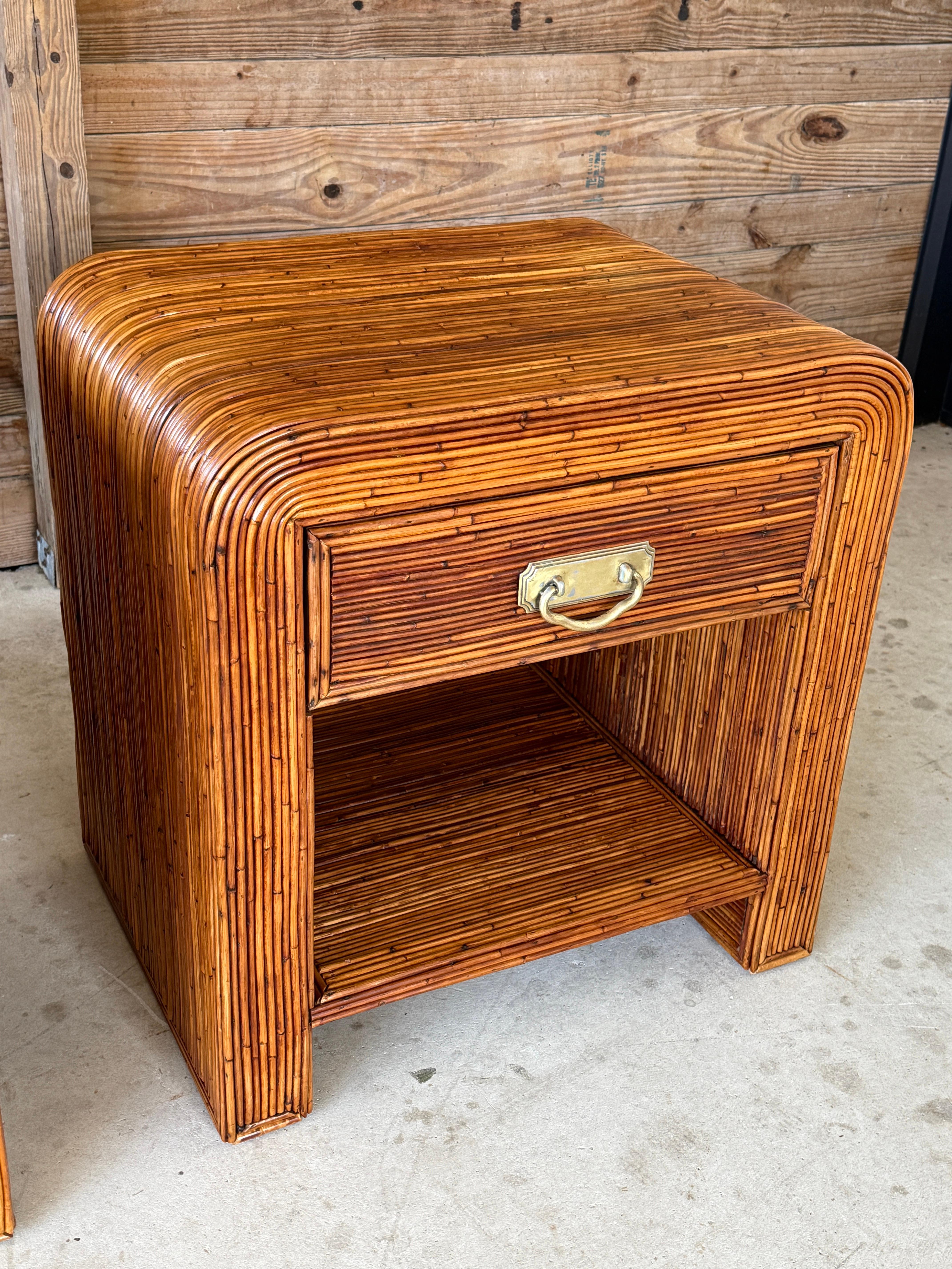 Unknown Mid-20th Century Organic Modern Pencil Reed Rattan Waterfall Nightstands Manner