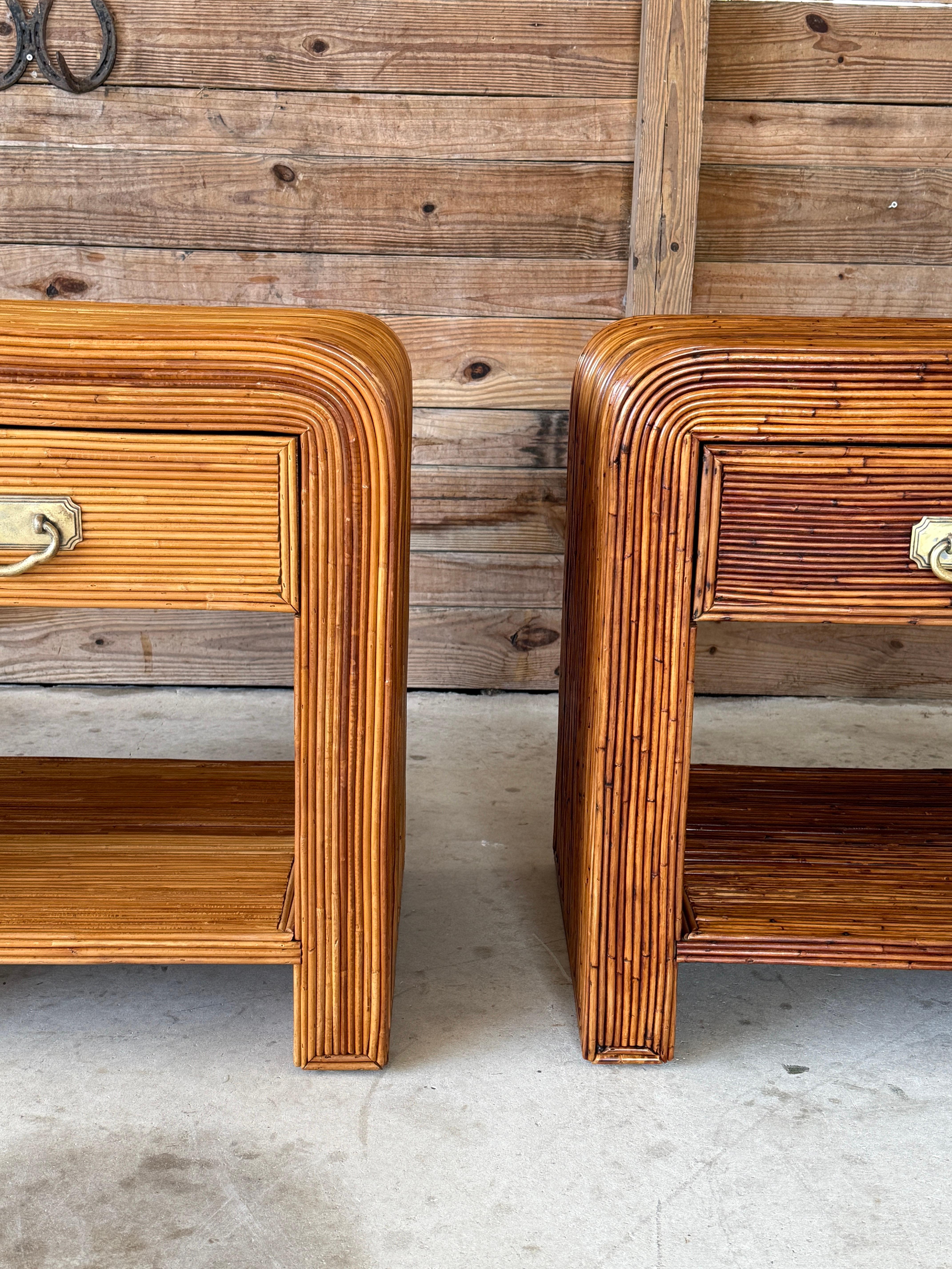 Hand-Crafted Mid-20th Century Organic Modern Pencil Reed Rattan Waterfall Nightstands Manner