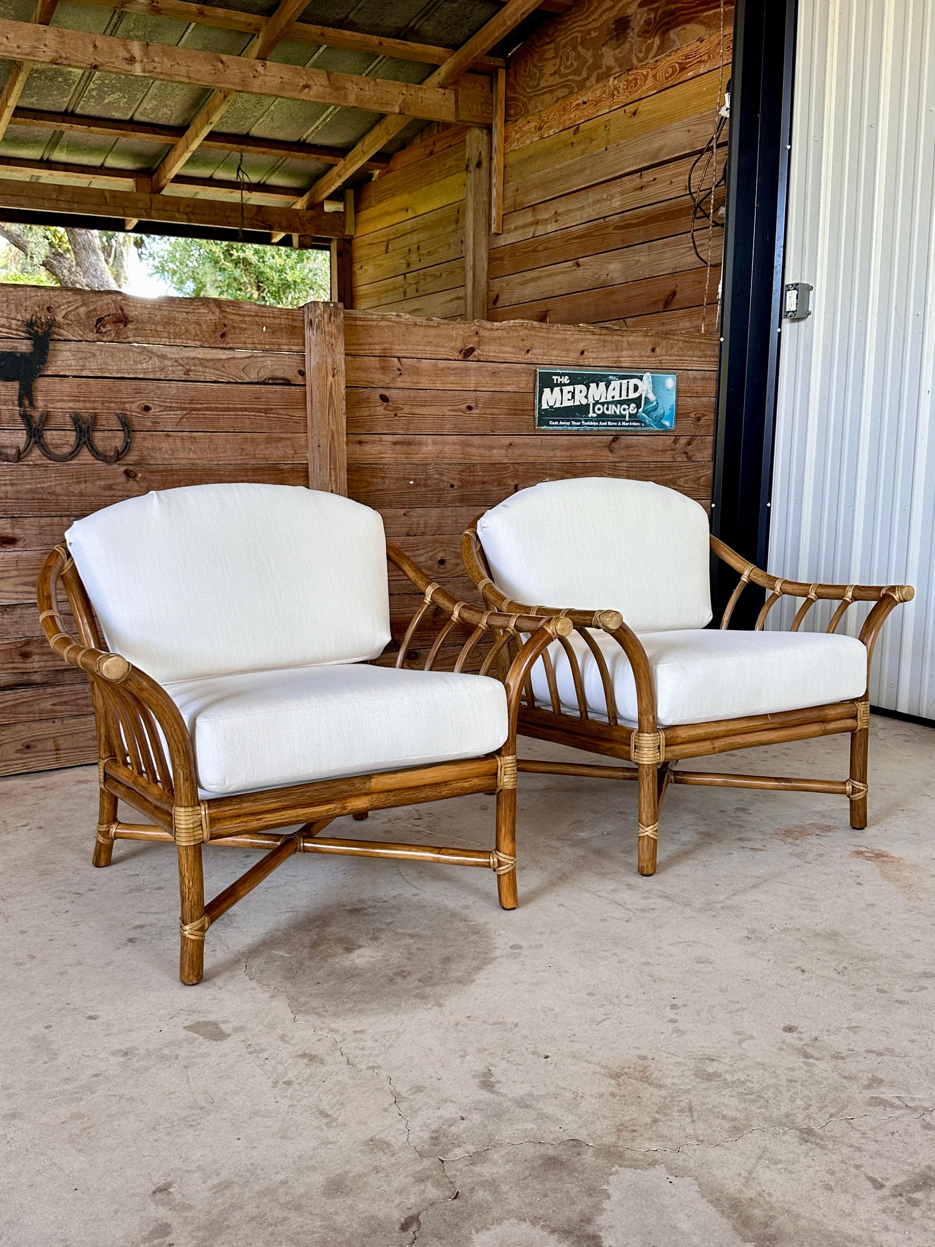 American Mid-20th Century Organic Modern Rattan Custom Upholstered Lounge McGuire Chairs