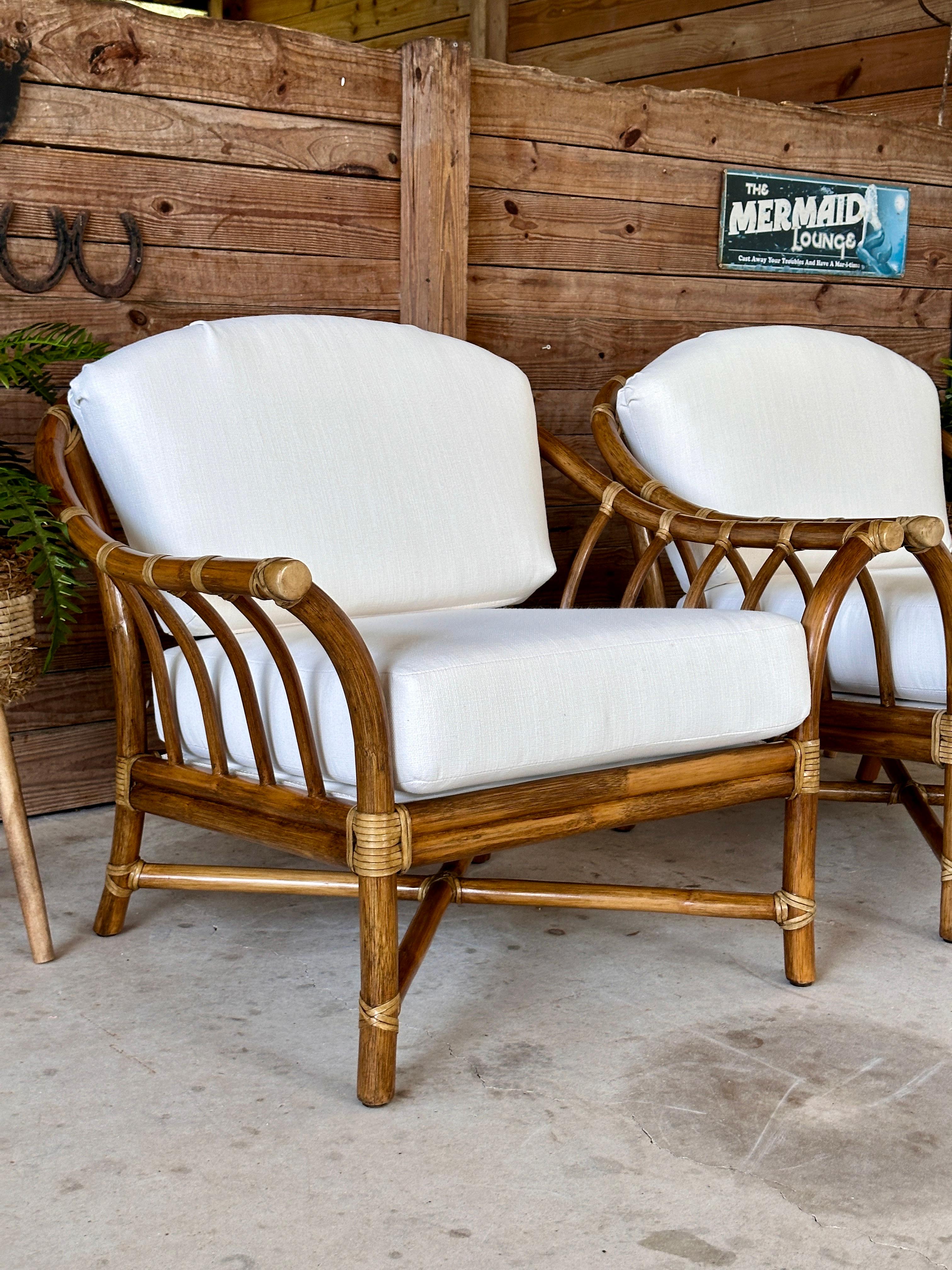 Mid-20th Century Organic Modern Rattan Custom Upholstered Lounge McGuire Chairs In Good Condition In North Fort Myers, FL