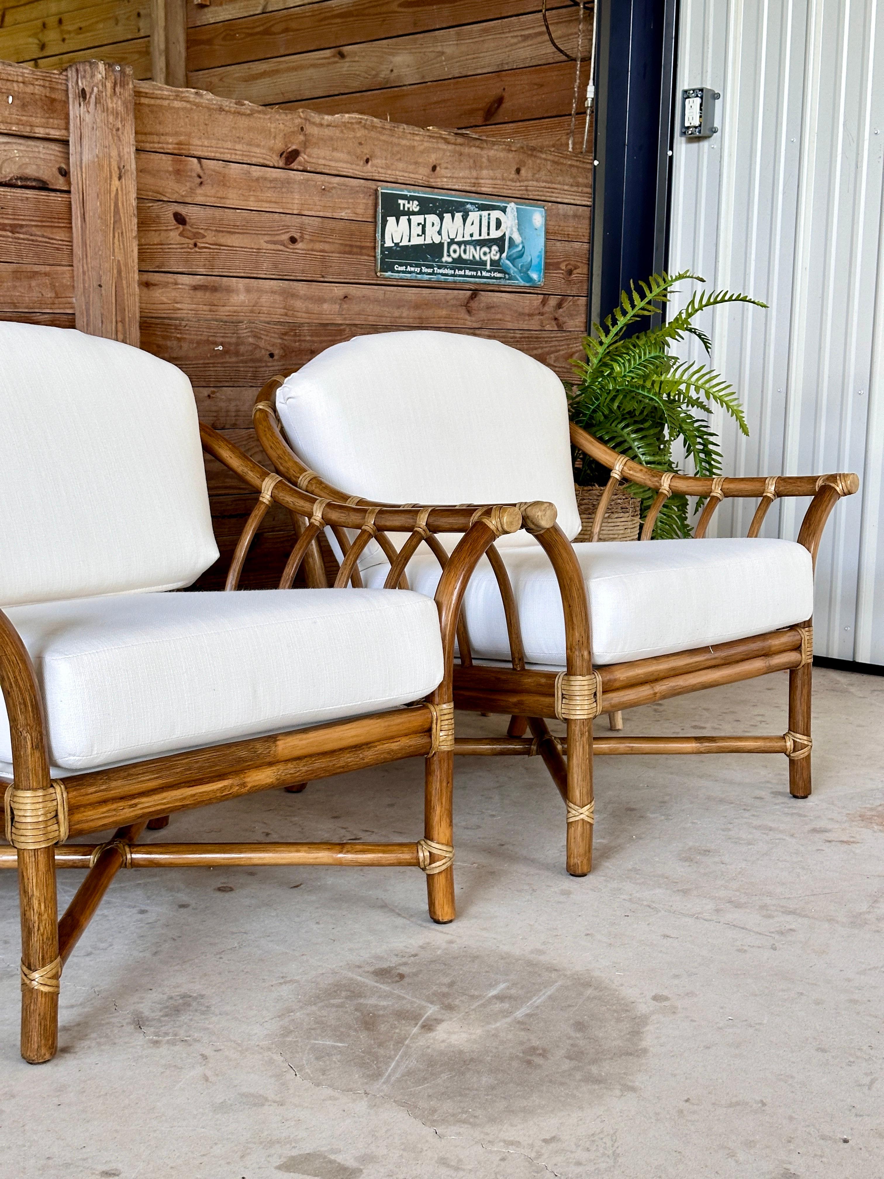 Upholstery Mid-20th Century Organic Modern Rattan Custom Upholstered Lounge McGuire Chairs