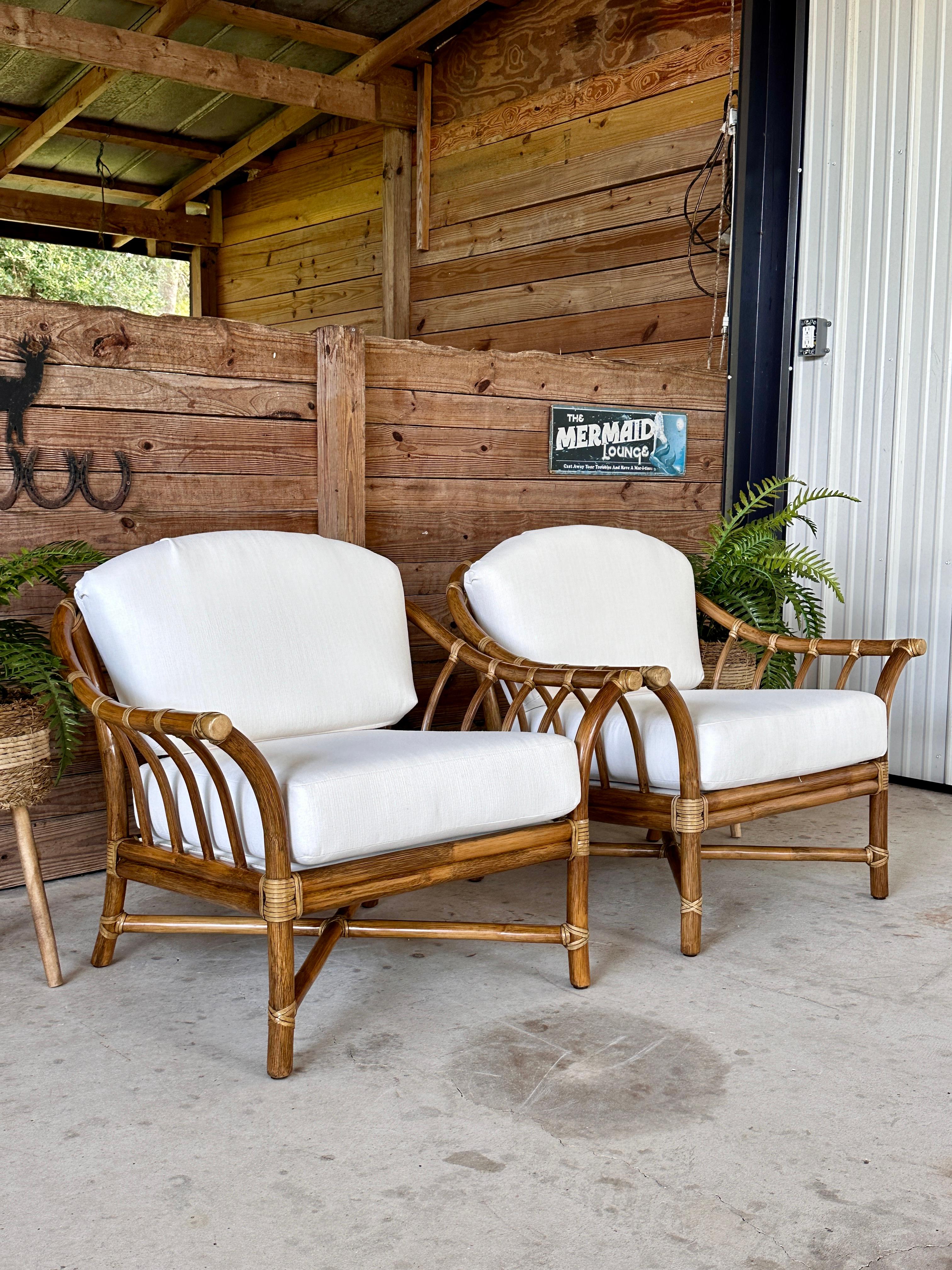 Mid-20th Century Organic Modern Rattan Custom Upholstered Lounge McGuire Chairs 1