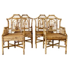 Mid-20th Century Organic Modern Restored Pagoda Cane Rattan Dining Chairs-Four
