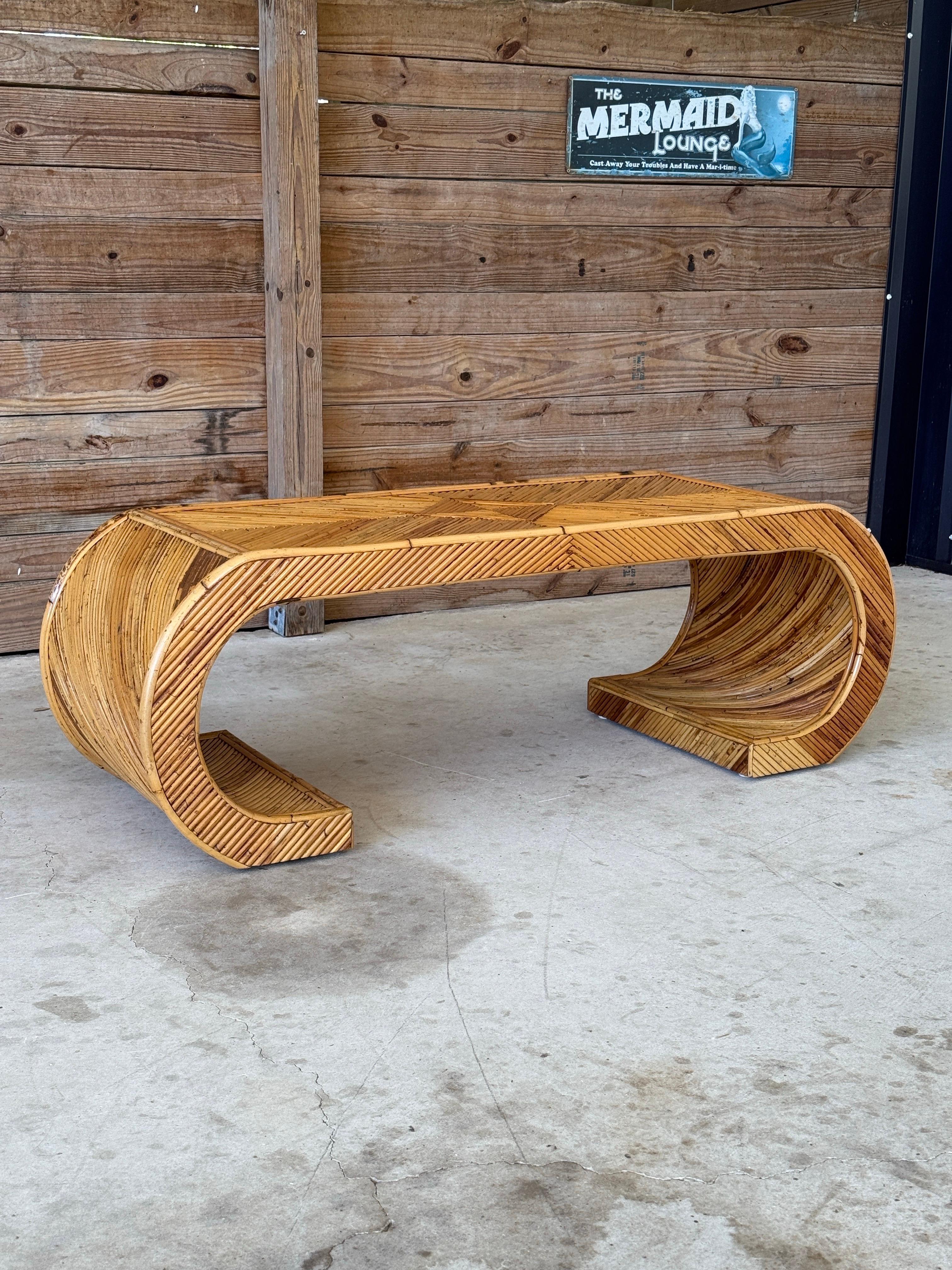 Mid-20th Century Organic Modern Restored Pencil Rattan Scroll Coffee Table For Sale 5