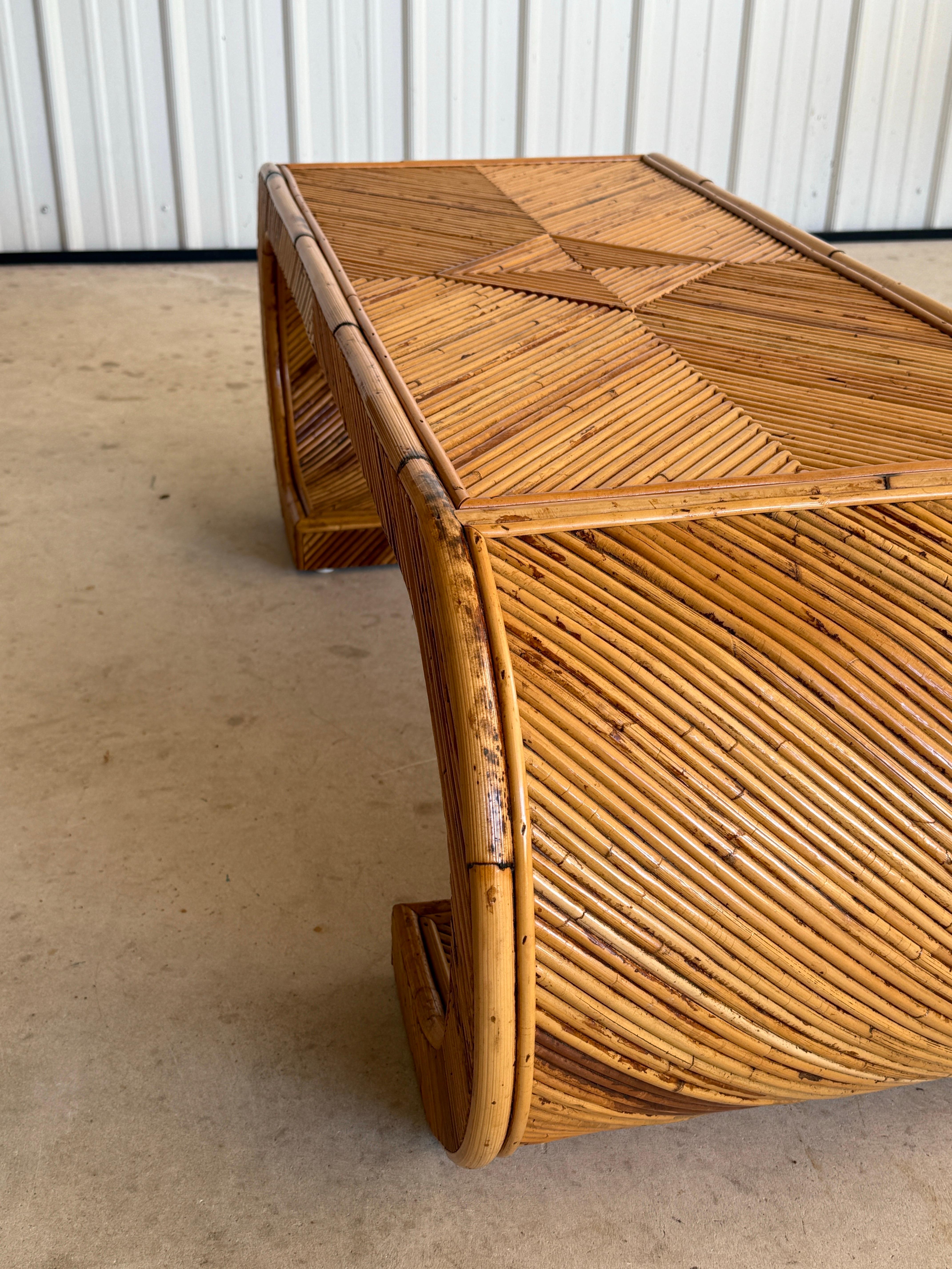Mid-20th Century Organic Modern Restored Pencil Rattan Scroll Coffee Table For Sale 6