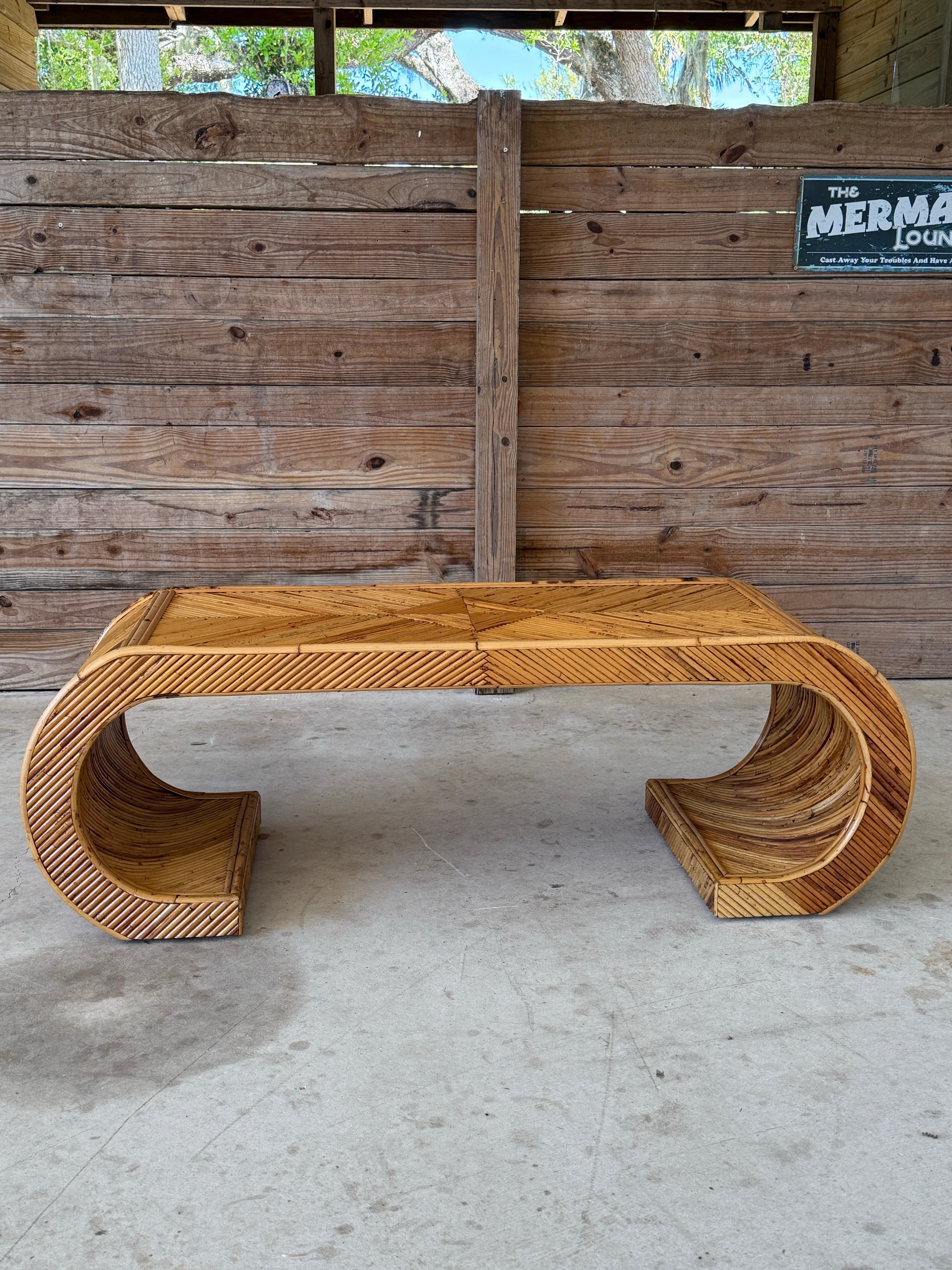 Mid-20th Century Organic Modern Restored Pencil Rattan Scroll Coffee Table For Sale 7