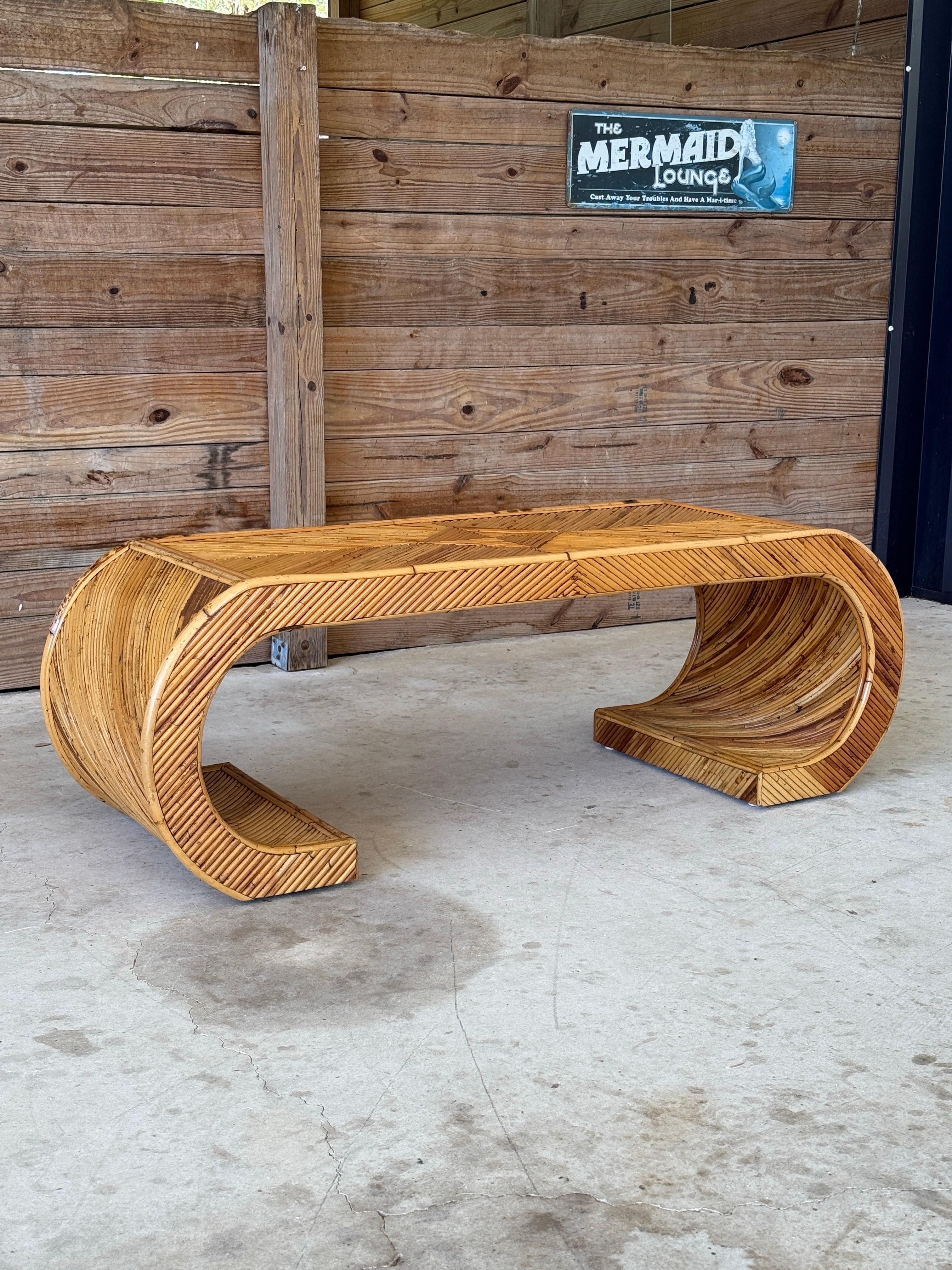 Mid-20th Century Organic Modern Restored Pencil Rattan Scroll Coffee Table For Sale 8