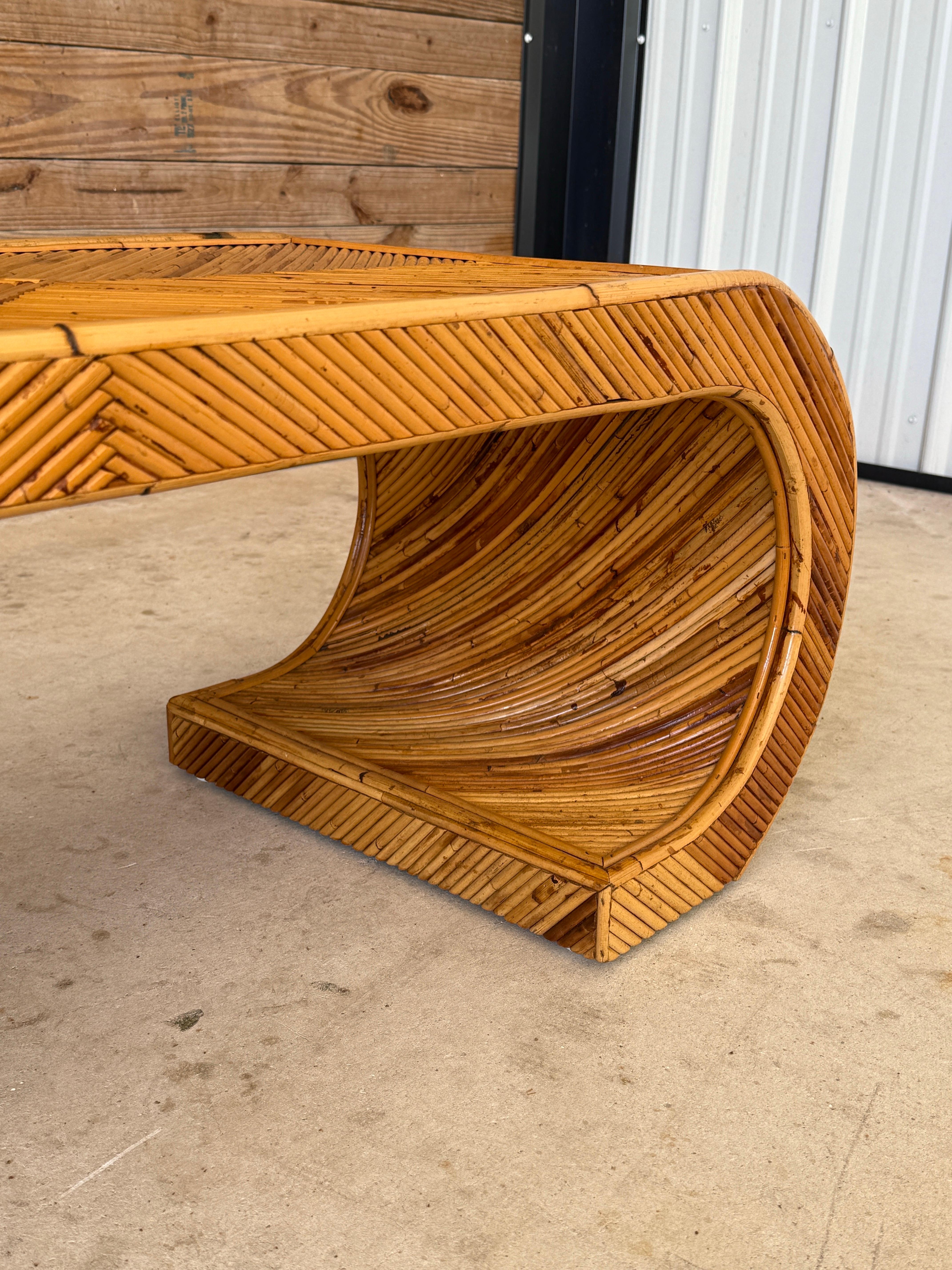 Unknown Mid-20th Century Organic Modern Restored Pencil Rattan Scroll Coffee Table For Sale