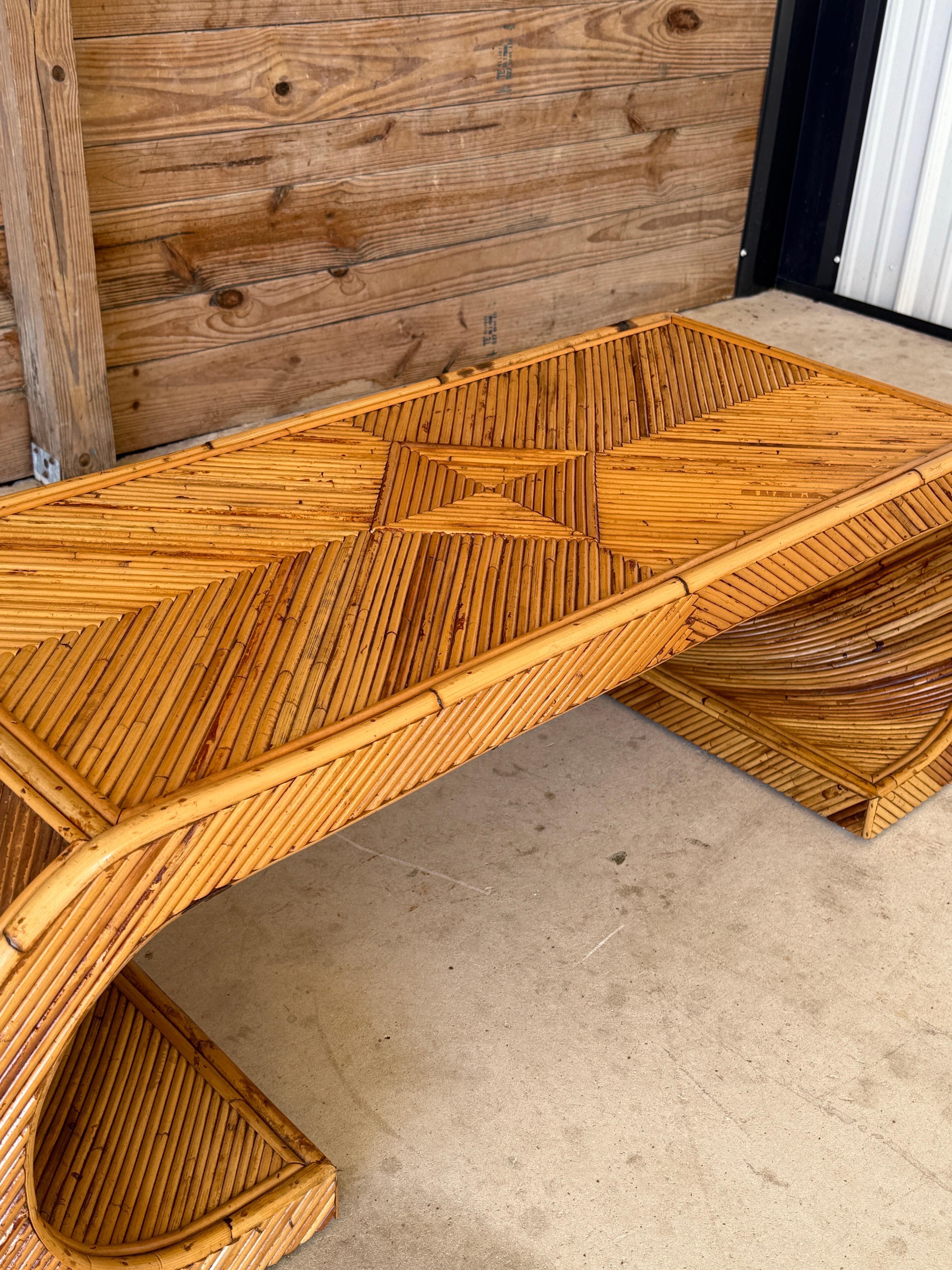 Hand-Crafted Mid-20th Century Organic Modern Restored Pencil Rattan Scroll Coffee Table For Sale