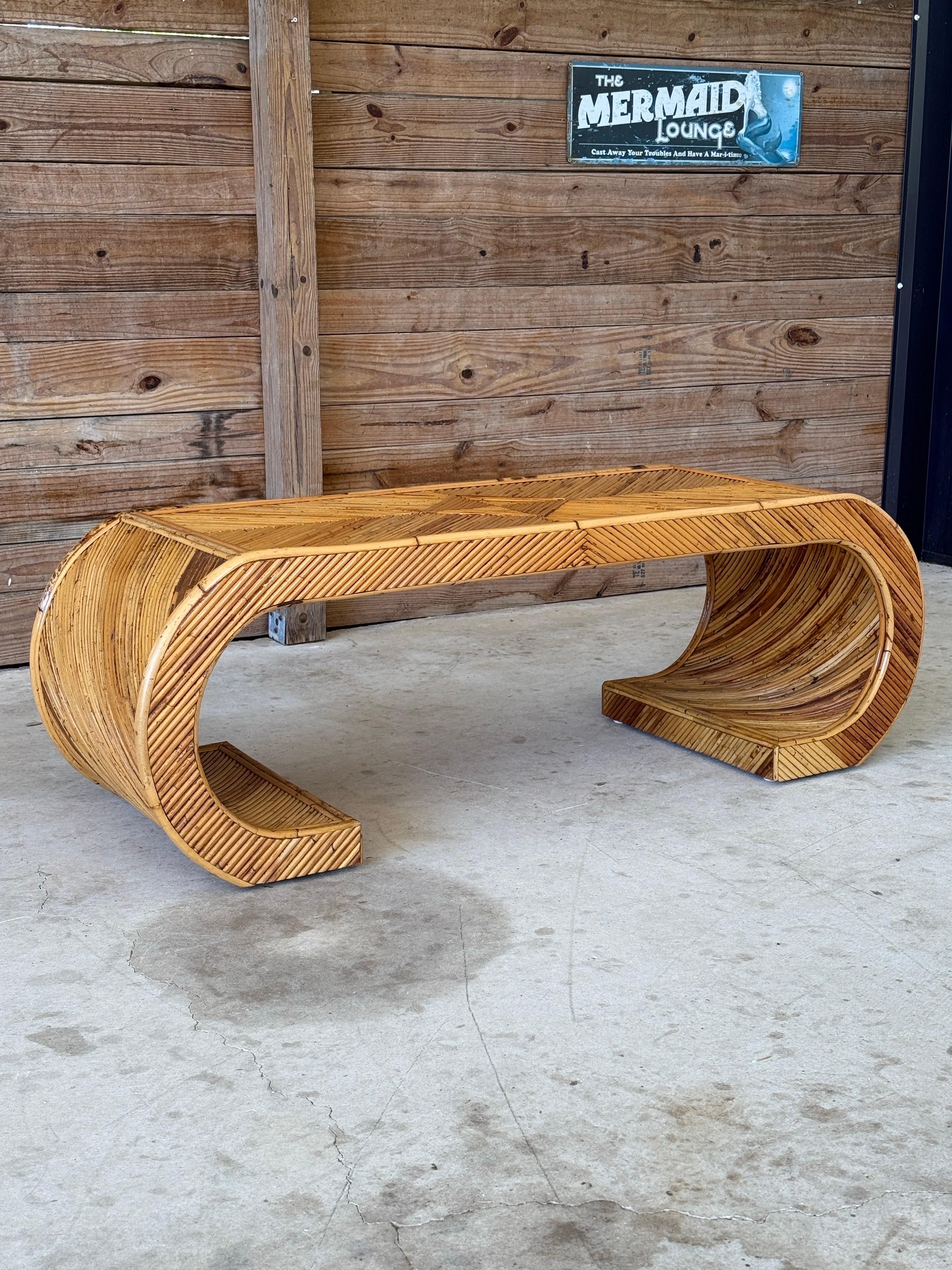 Mid-20th Century Organic Modern Restored Pencil Rattan Scroll Coffee Table In Good Condition For Sale In North Fort Myers, FL