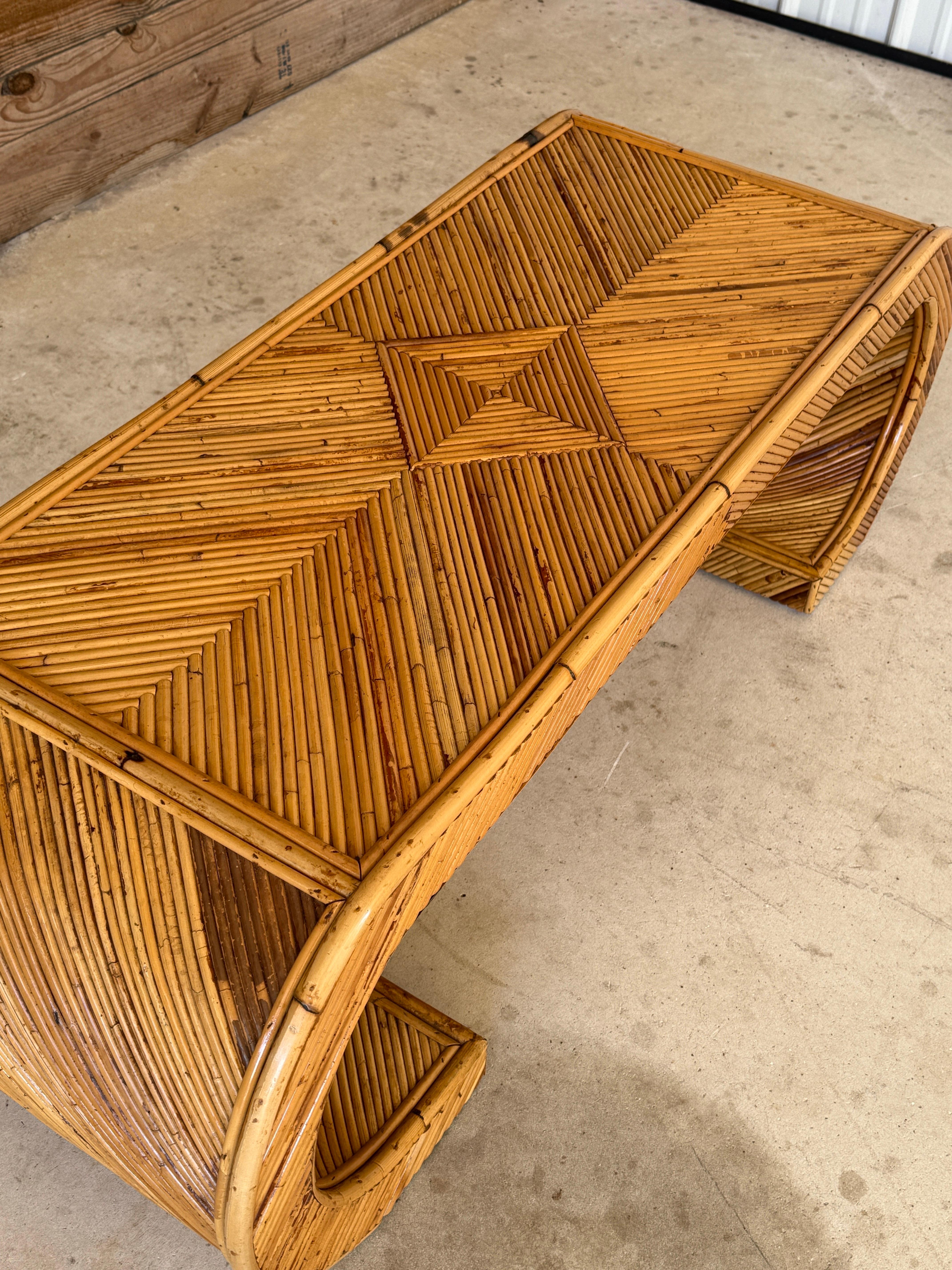 Mid-20th Century Organic Modern Restored Pencil Rattan Scroll Coffee Table For Sale 1