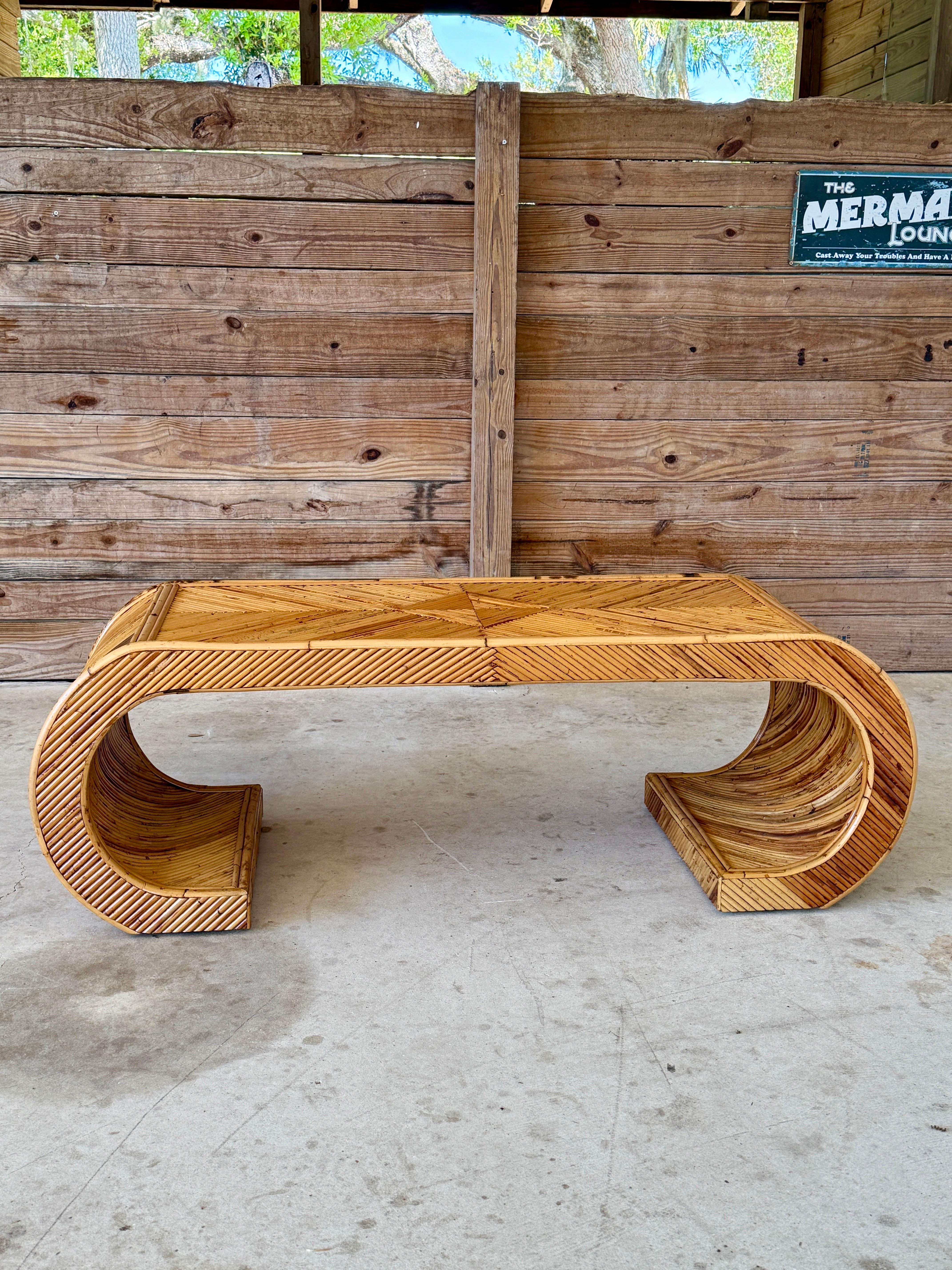Mid-20th Century Organic Modern Restored Pencil Rattan Scroll Coffee Table For Sale 2