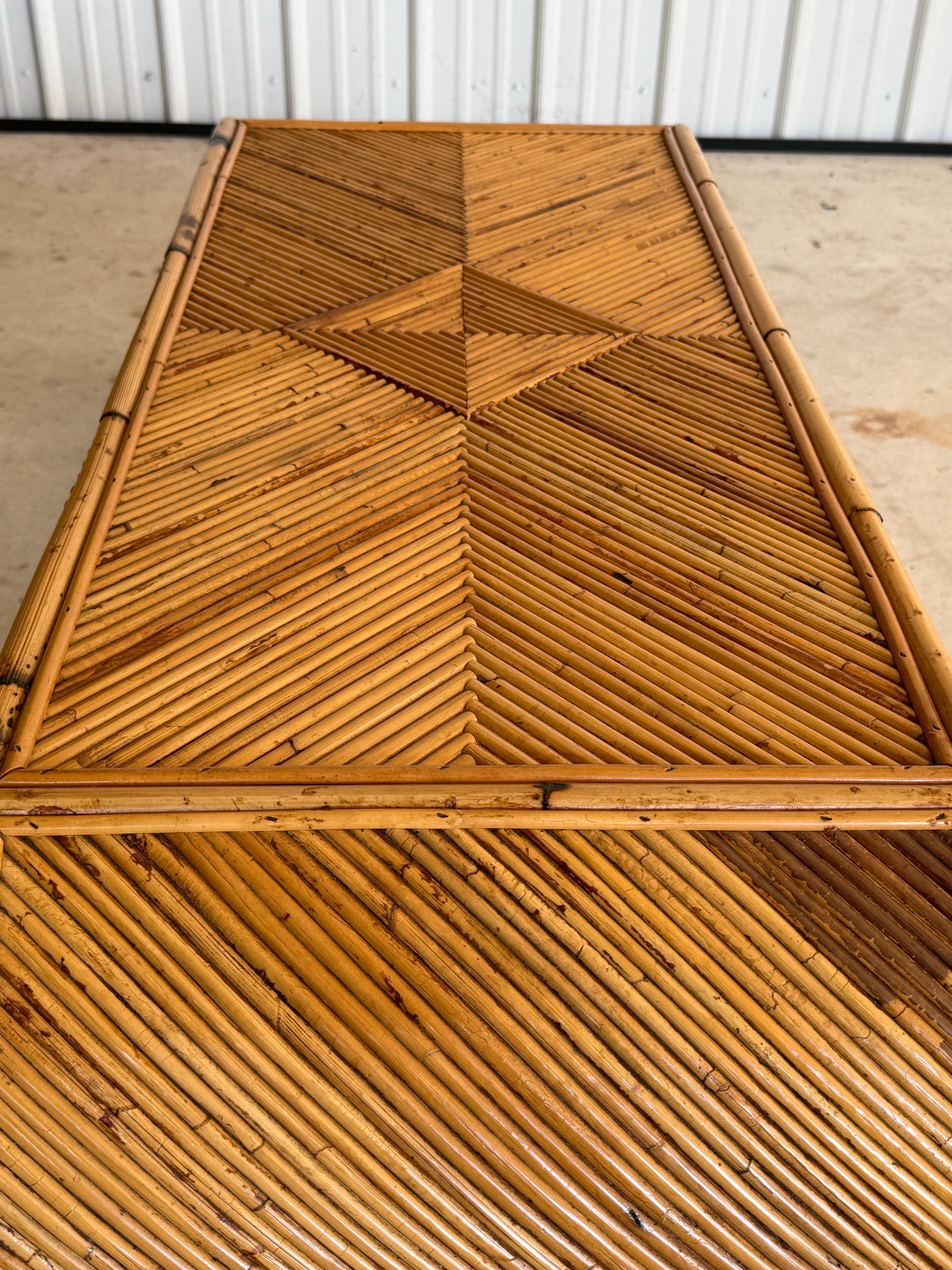 Mid-20th Century Organic Modern Restored Pencil Rattan Scroll Coffee Table For Sale 3