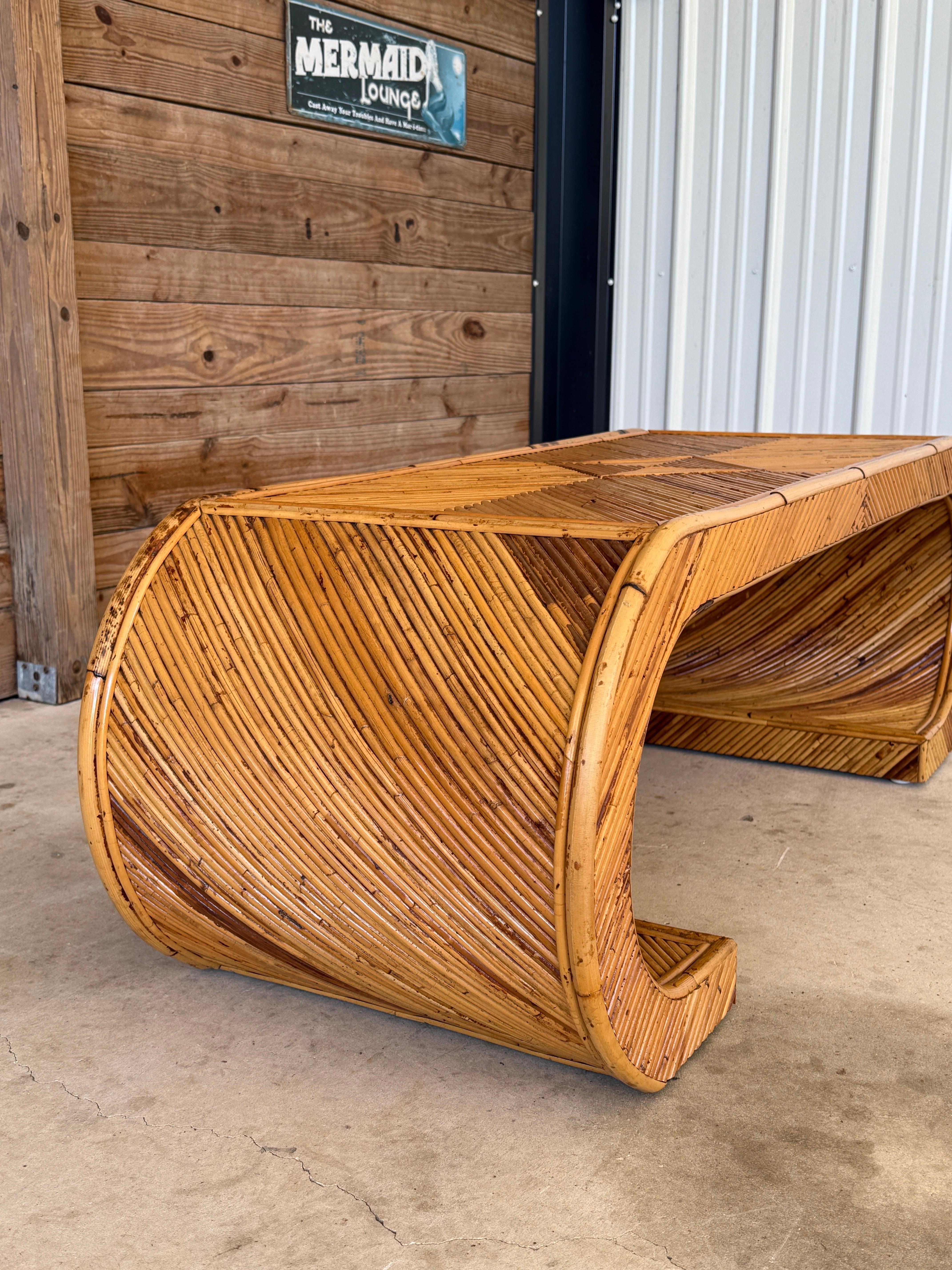 Mid-20th Century Organic Modern Restored Pencil Rattan Scroll Coffee Table For Sale 4