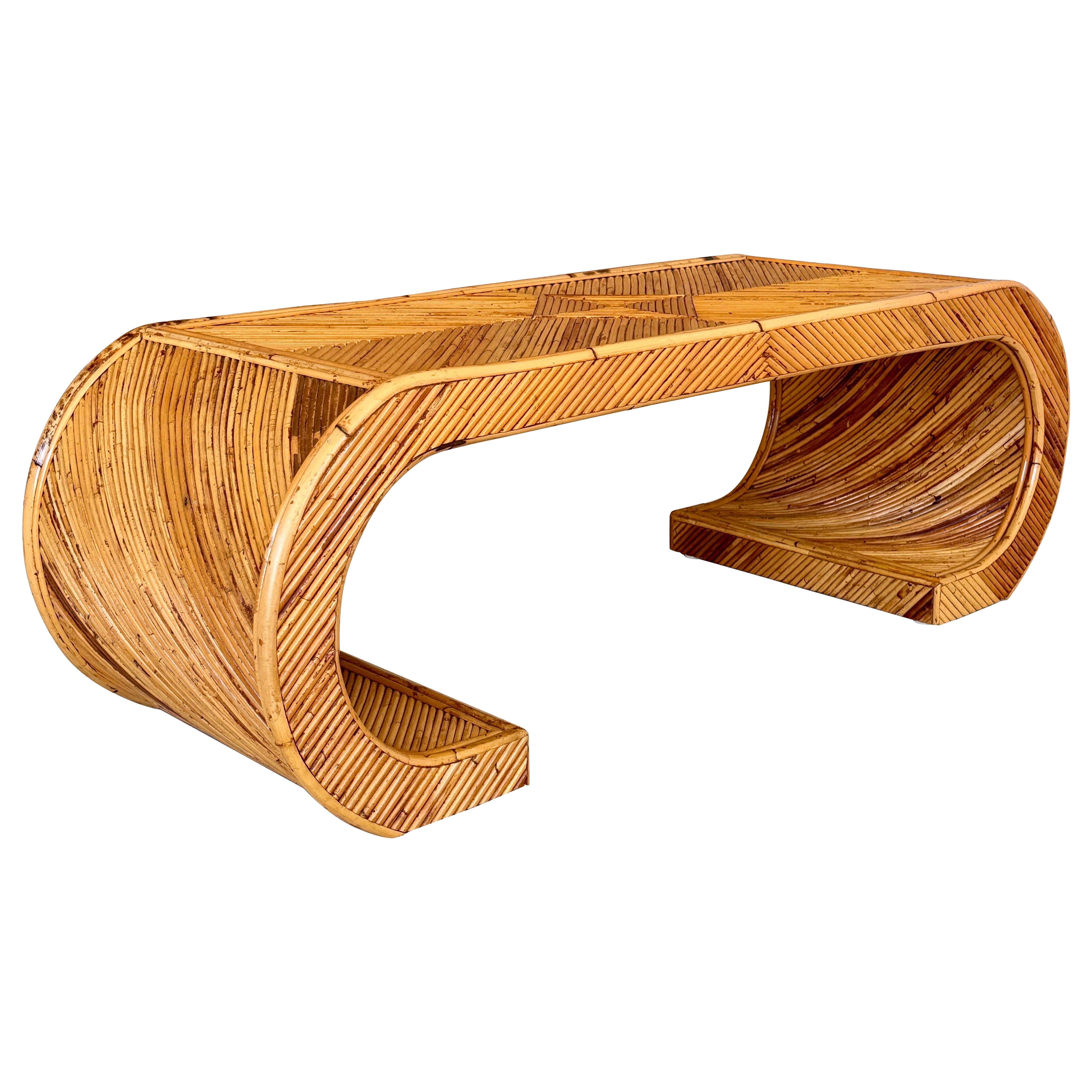 Mid-20th Century Organic Modern Restored Pencil Rattan Scroll Coffee Table