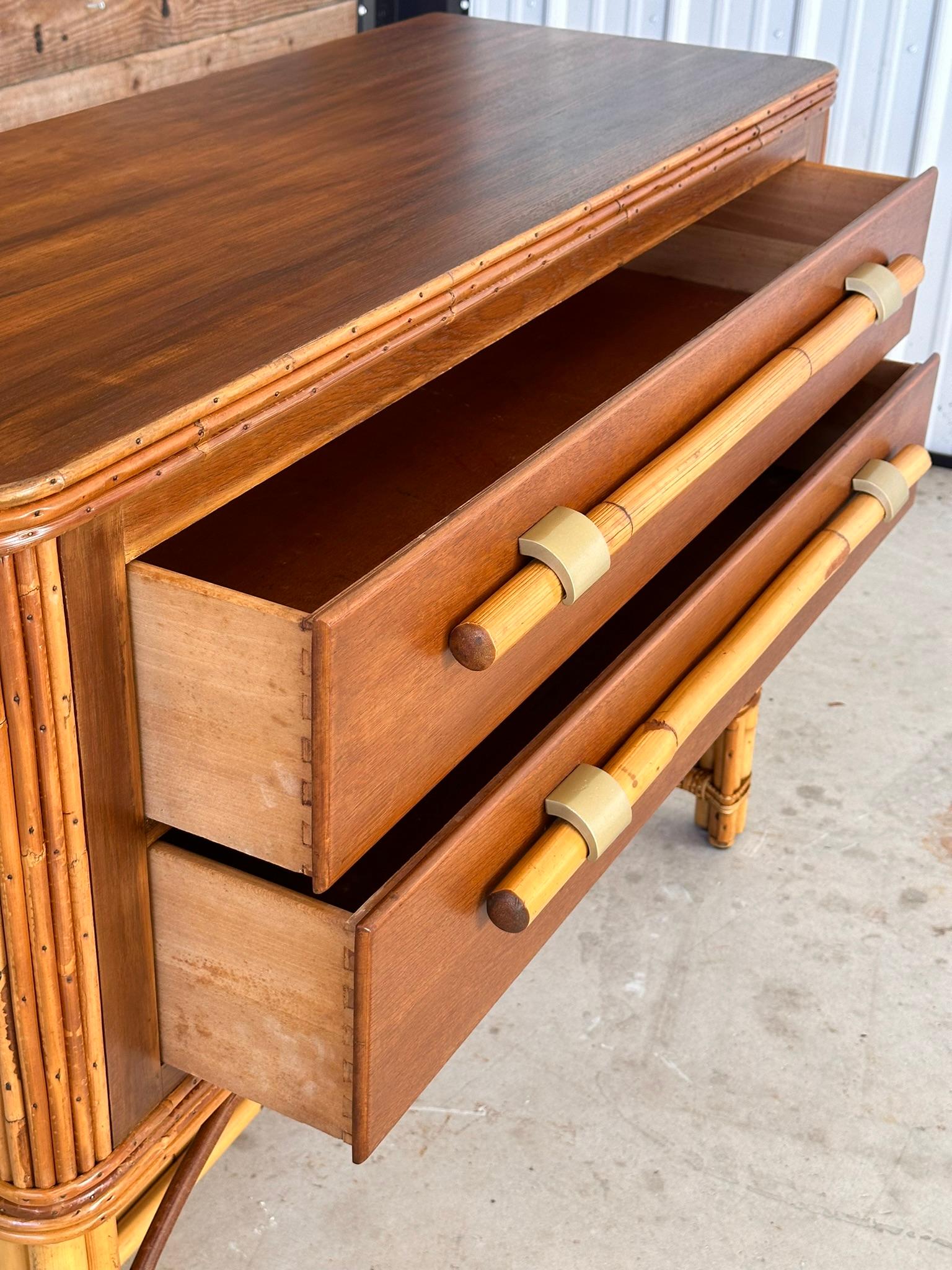 Mid-20th Century Organic Modern Restored Two Drawer Pencil Rattan Wood Sideboard 7