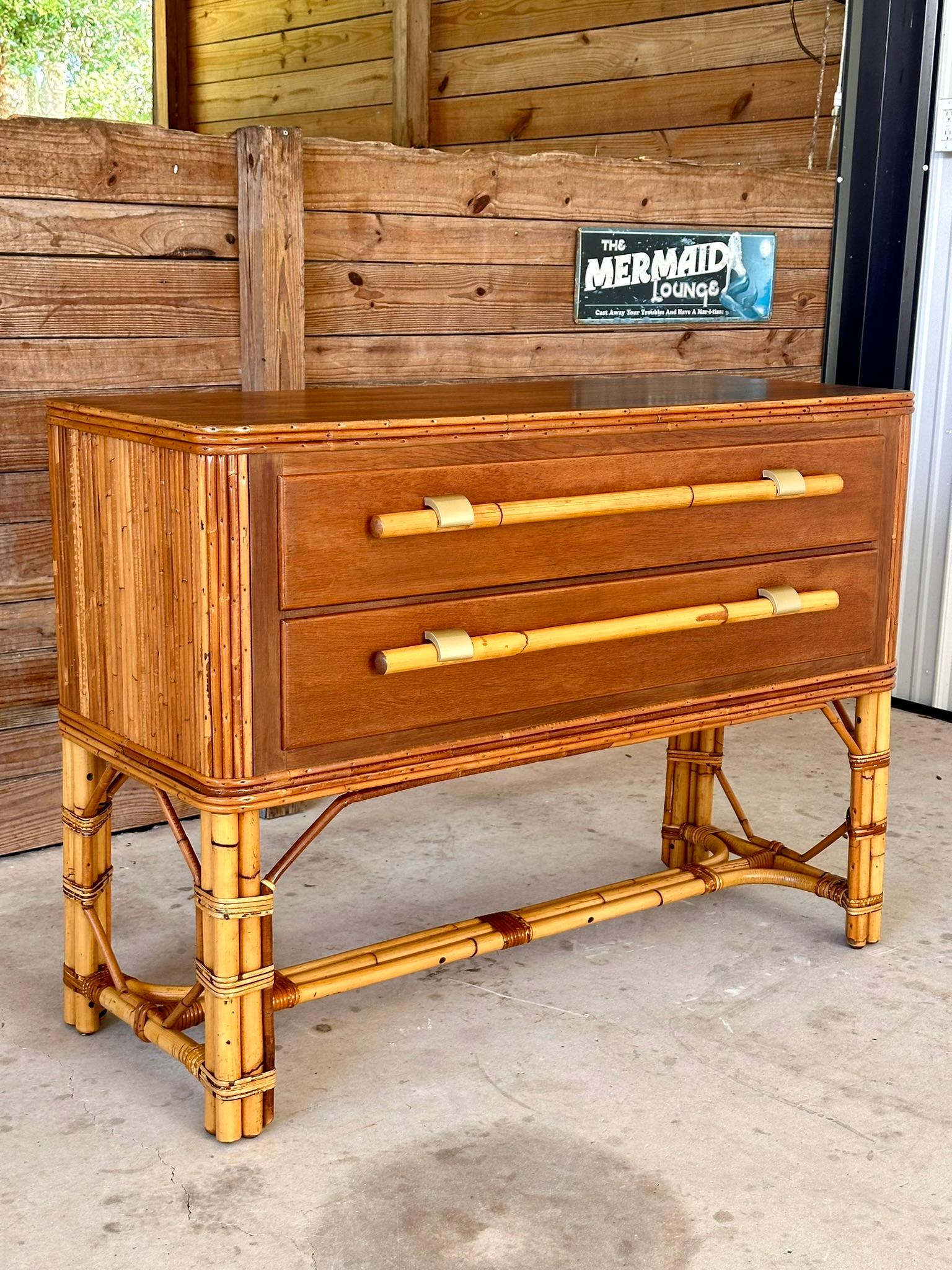 Mid-20th Century Organic Modern Restored Two Drawer Pencil Rattan Wood Sideboard 9