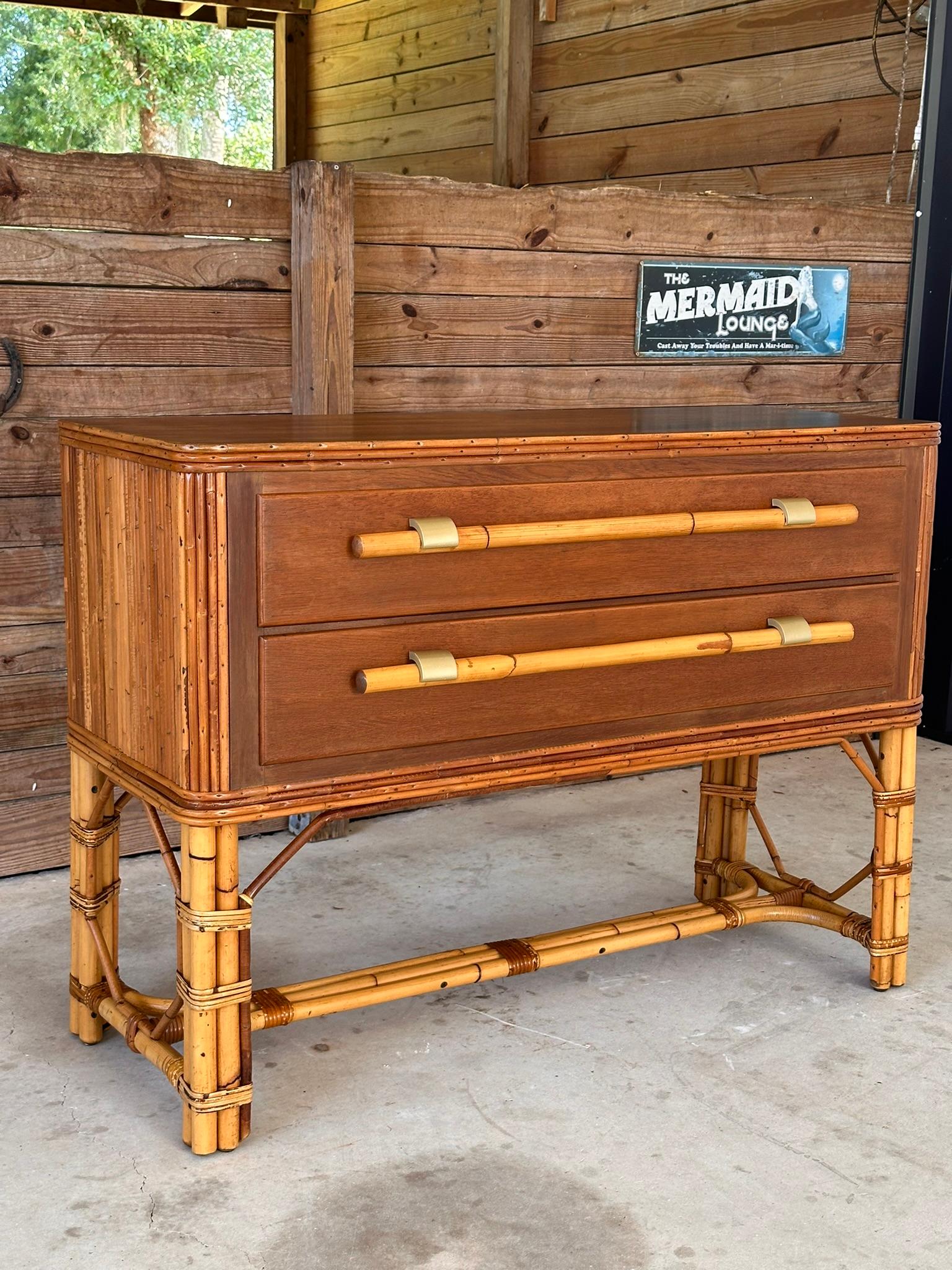 Mid-20th Century Organic Modern Restored Two Drawer Pencil Rattan Wood Sideboard 10