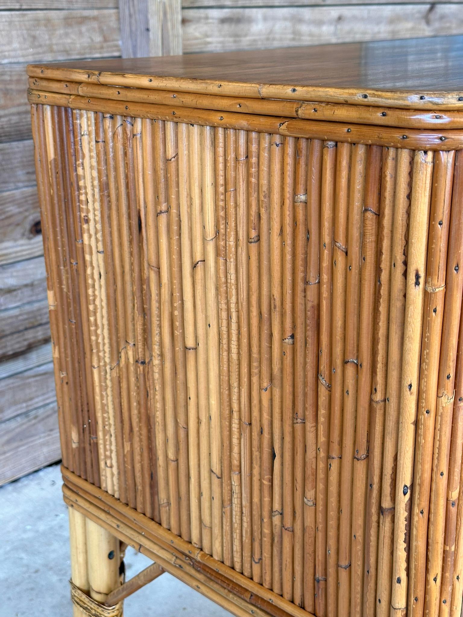 Unknown Mid-20th Century Organic Modern Restored Two Drawer Pencil Rattan Wood Sideboard