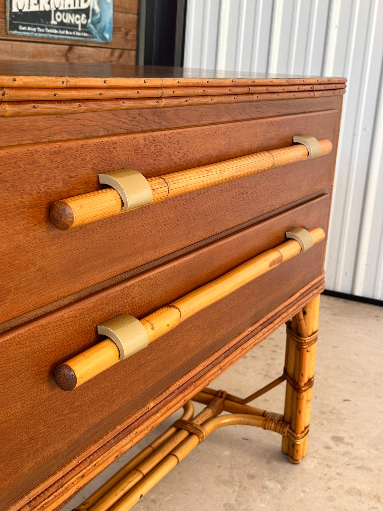 Hand-Crafted Mid-20th Century Organic Modern Restored Two Drawer Pencil Rattan Wood Sideboard
