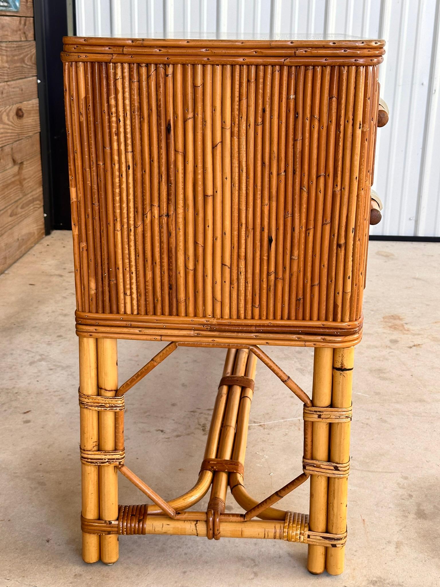 Mid-20th Century Organic Modern Restored Two Drawer Pencil Rattan Wood Sideboard In Good Condition In North Fort Myers, FL