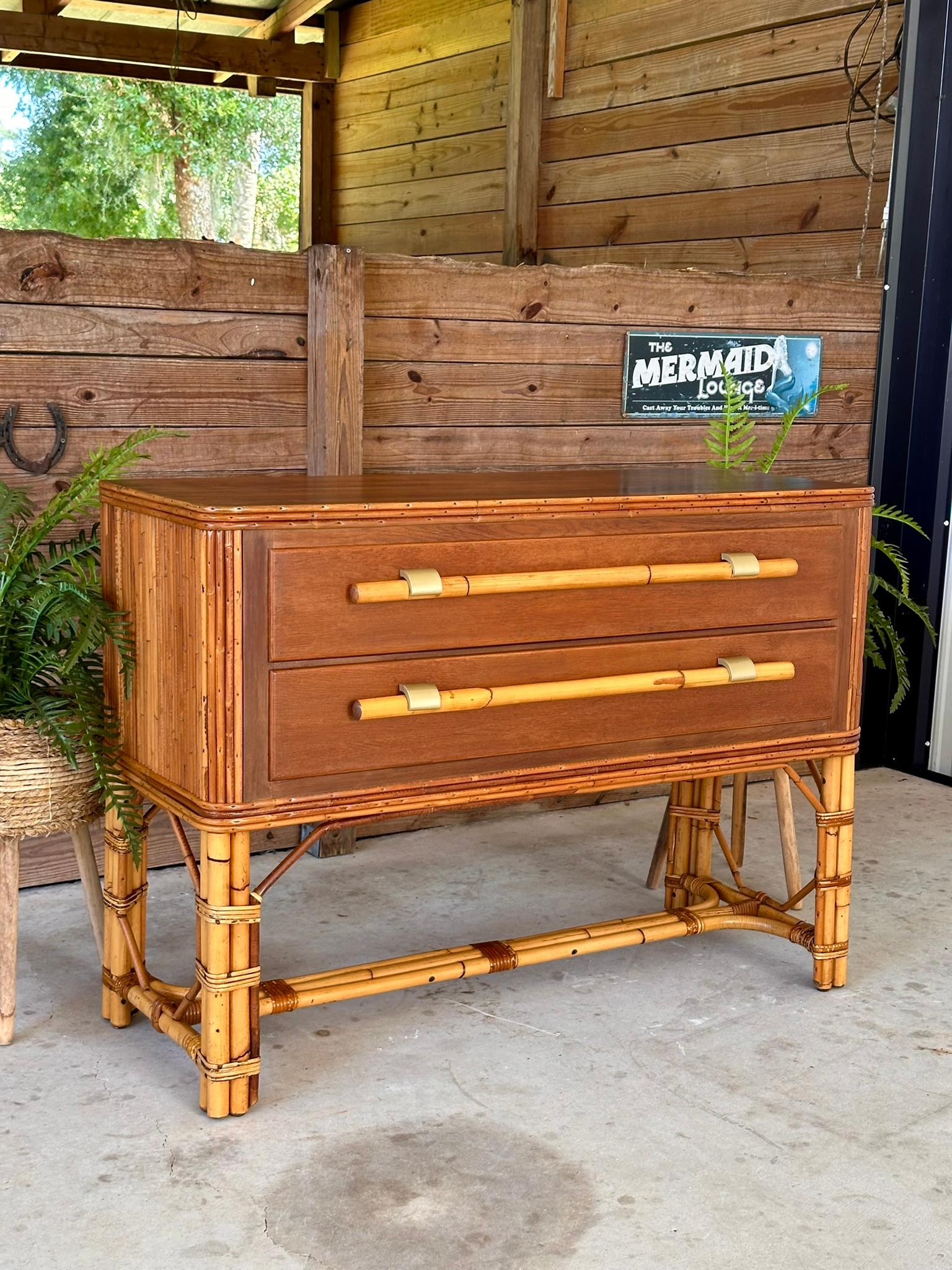 Bamboo Mid-20th Century Organic Modern Restored Two Drawer Pencil Rattan Wood Sideboard