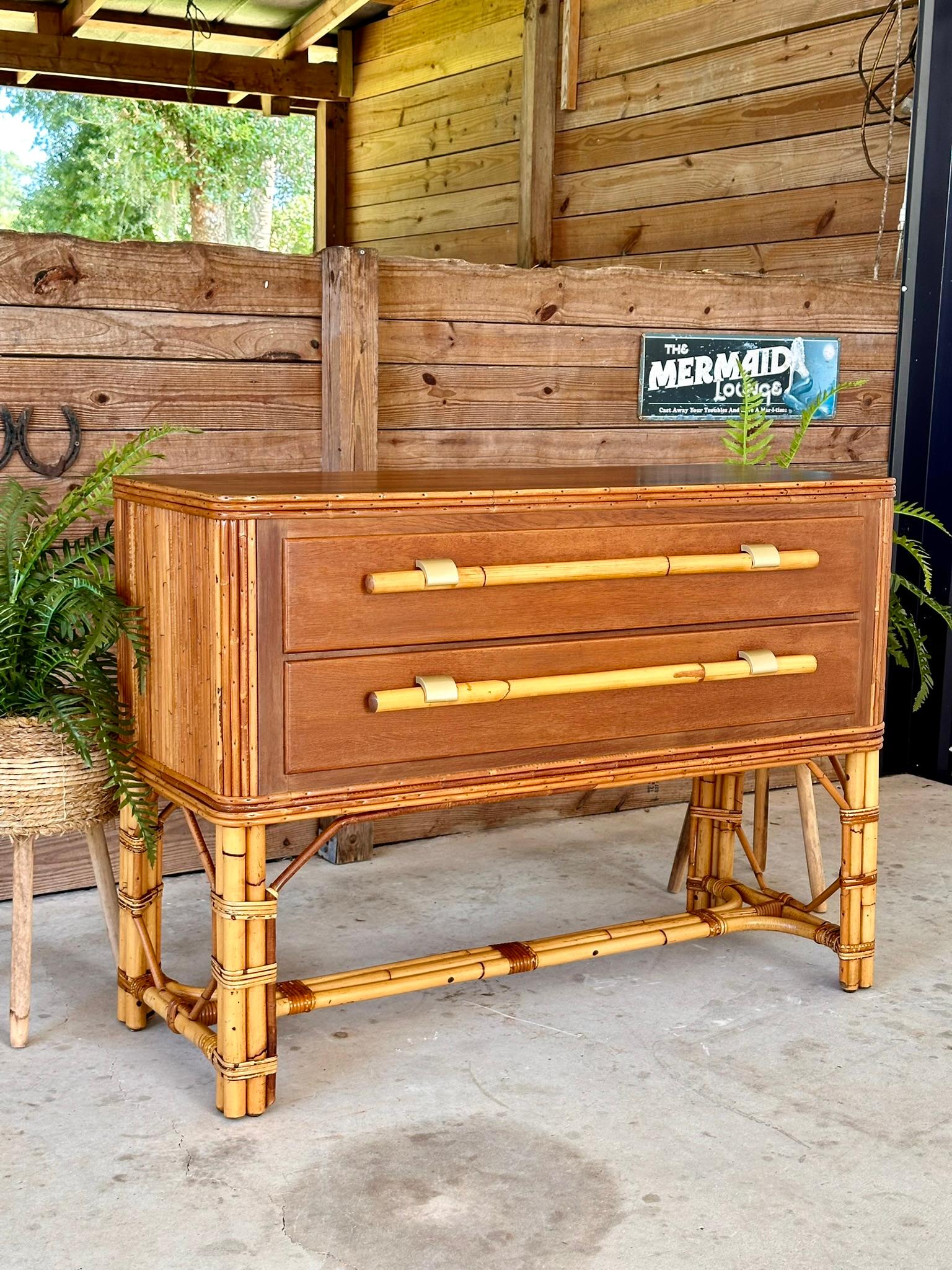 Mid-20th Century Organic Modern Restored Two Drawer Pencil Rattan Wood Sideboard 1