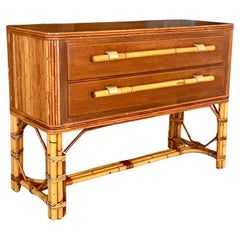 Mid-20th Century Organic Modern Restored Two Drawer Pencil Rattan Wood Sideboard