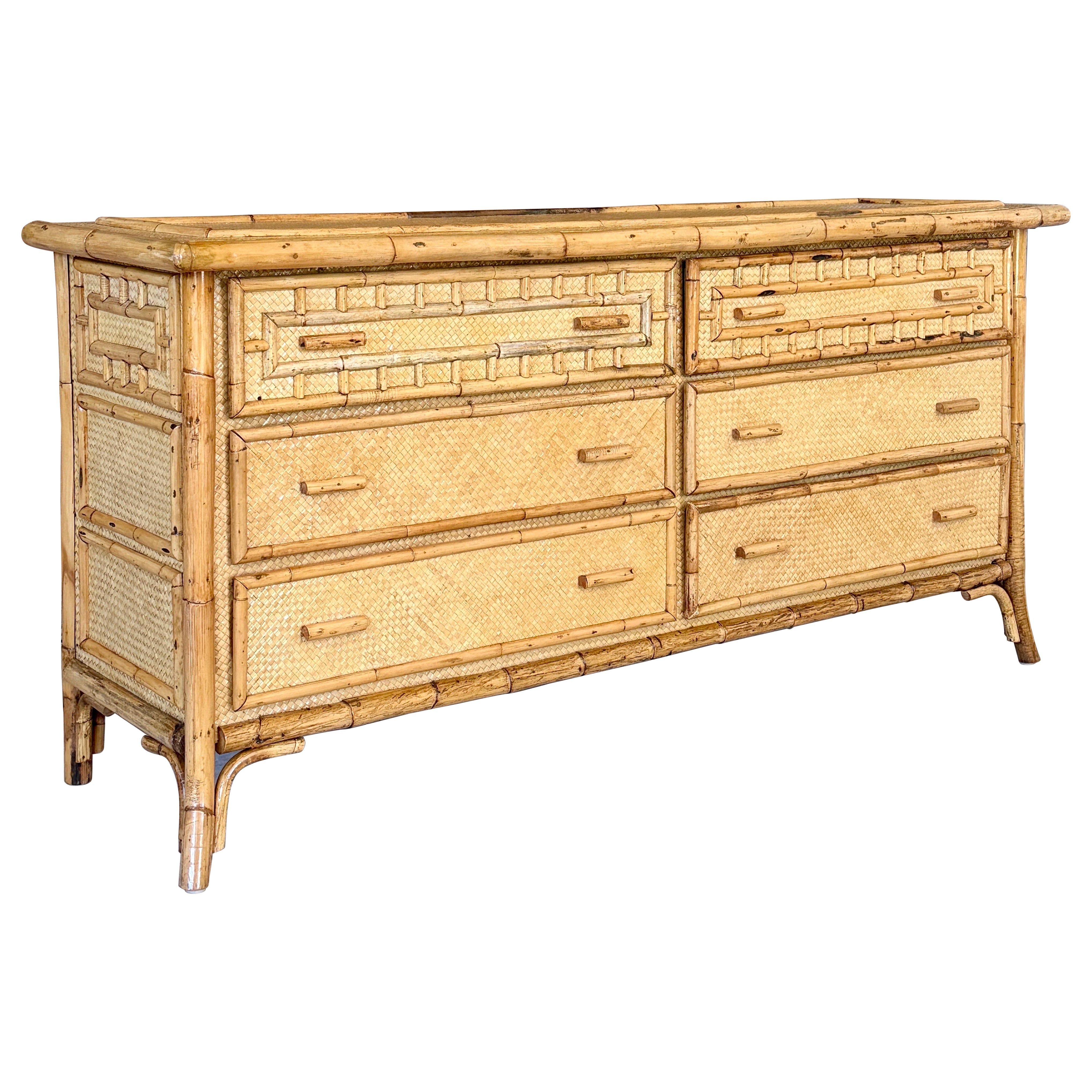 Mid-20th Century Organic Modern Restored Woven Rattan Dresser With Bamboo Trim