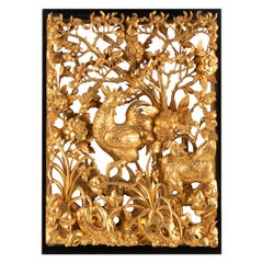 Mid 20th Century Oriental Carved Gilt-Wood Wall Sculpture Rooster Chickens