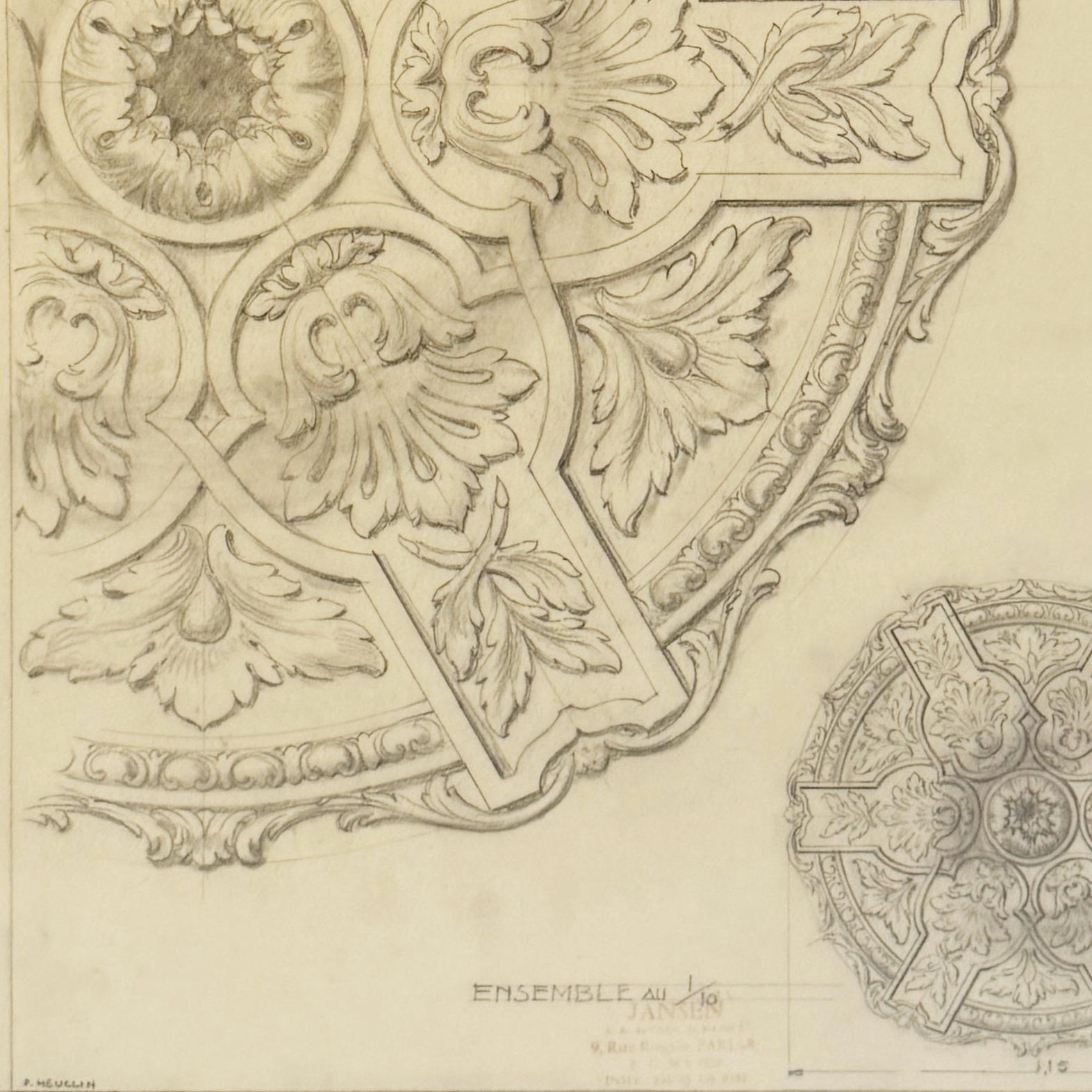 French Mid-20th Century Original Maison Jansen Architectural Detail Pencil Drawing For Sale