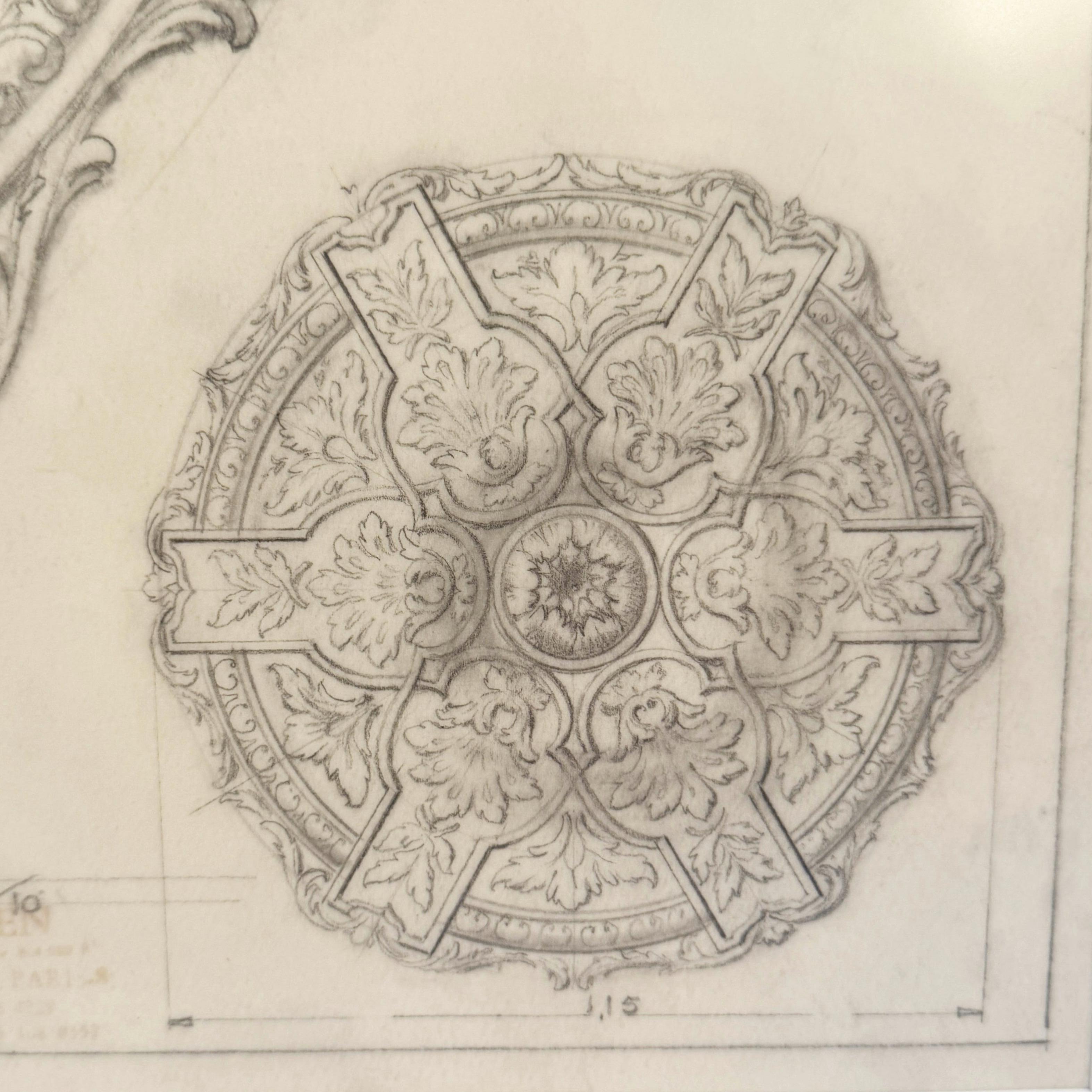 Paper Mid-20th Century Original Maison Jansen Architectural Detail Pencil Drawing For Sale