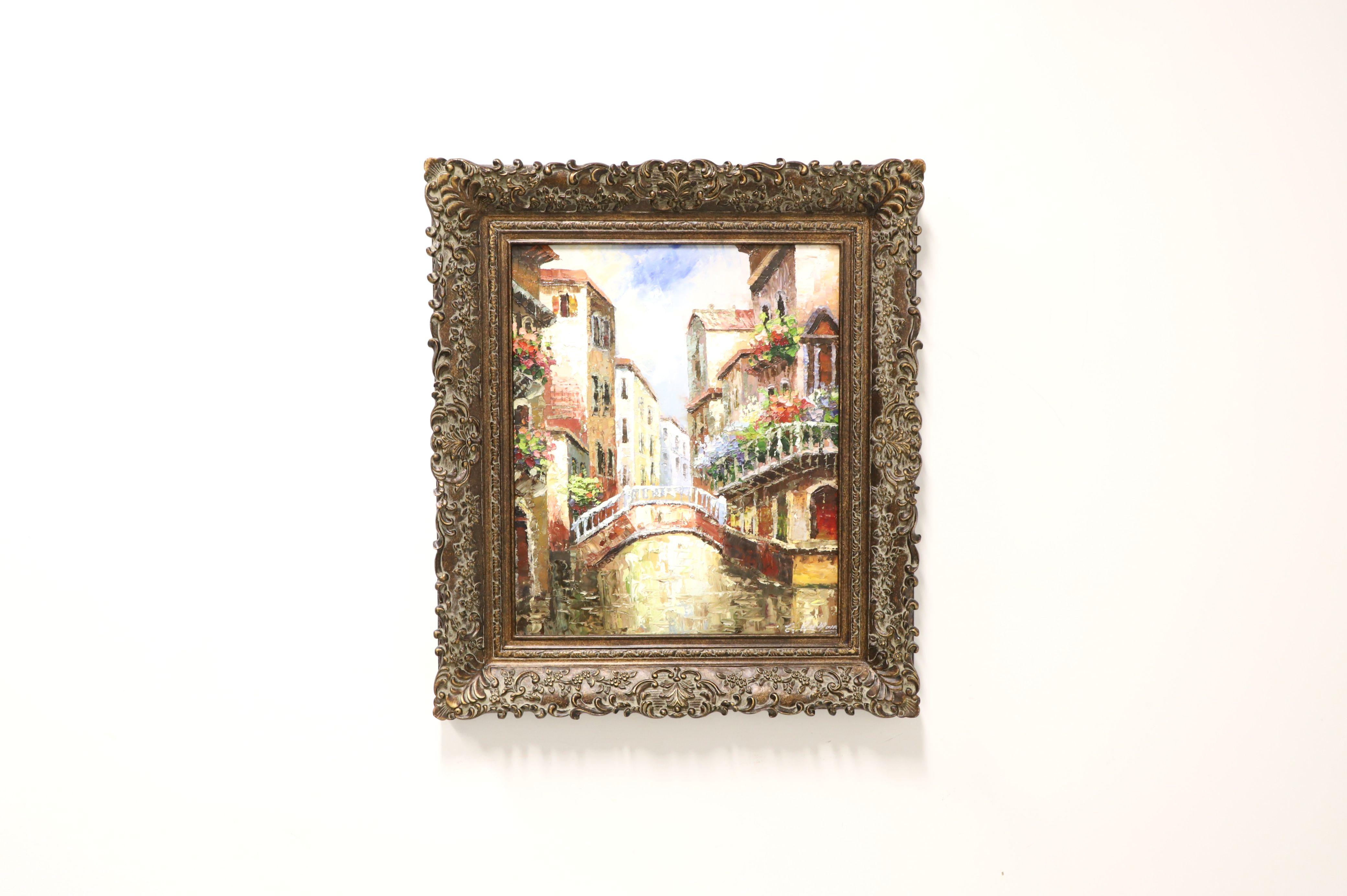An original oil painting on canvas, impasto style, from the mid 20th Century. Untitled, (Venetian Scene). Signed - Signature is Illegible, to lower right. Presented in an ornate bronze color painted wood frame with wire hanger.

Measures: Overall: