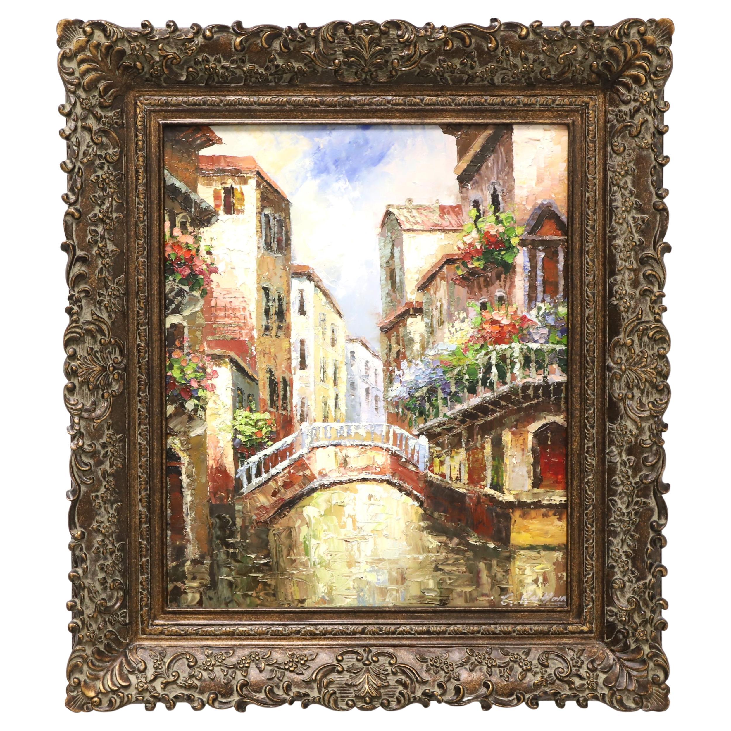 Originales Impasto-Gemälde auf Leinwand, venezianische Szene, signiert, Mitte des 20. Jahrhunderts