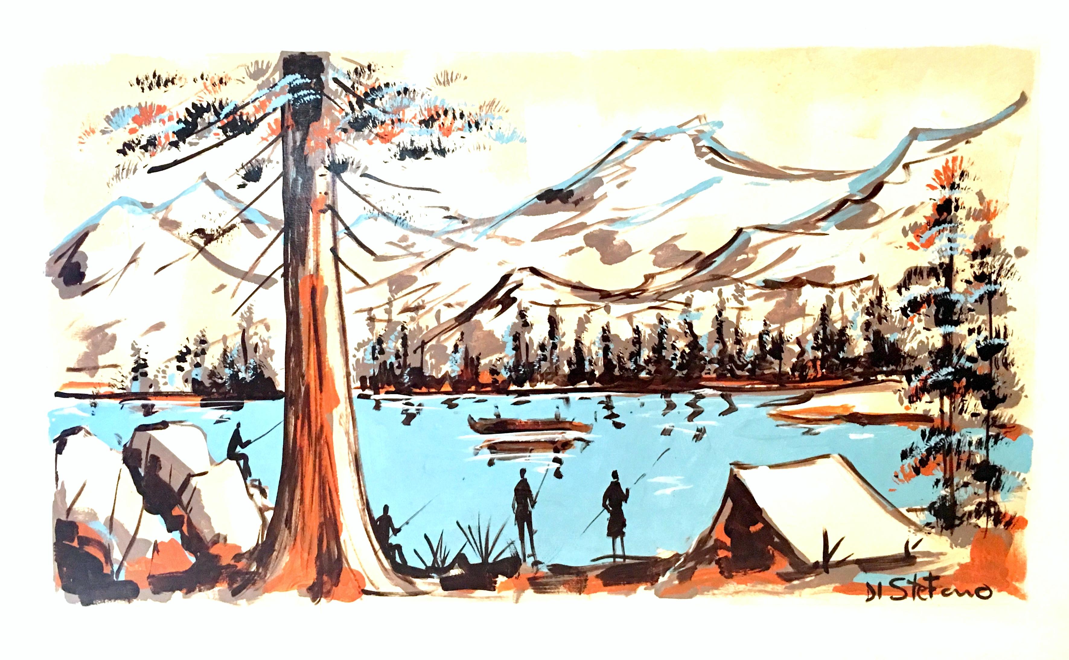 Mitte des 20. Jahrhunderts original Öl auf Karton Gemälde von, Di Stefano. Dieses großformatige, vom Künstler signierte Original-Kunstwerk zeigt einen weißen Grund mit einer Camping-Szene mit See und Bergen. Große Tiefe und fantastisch strukturierte