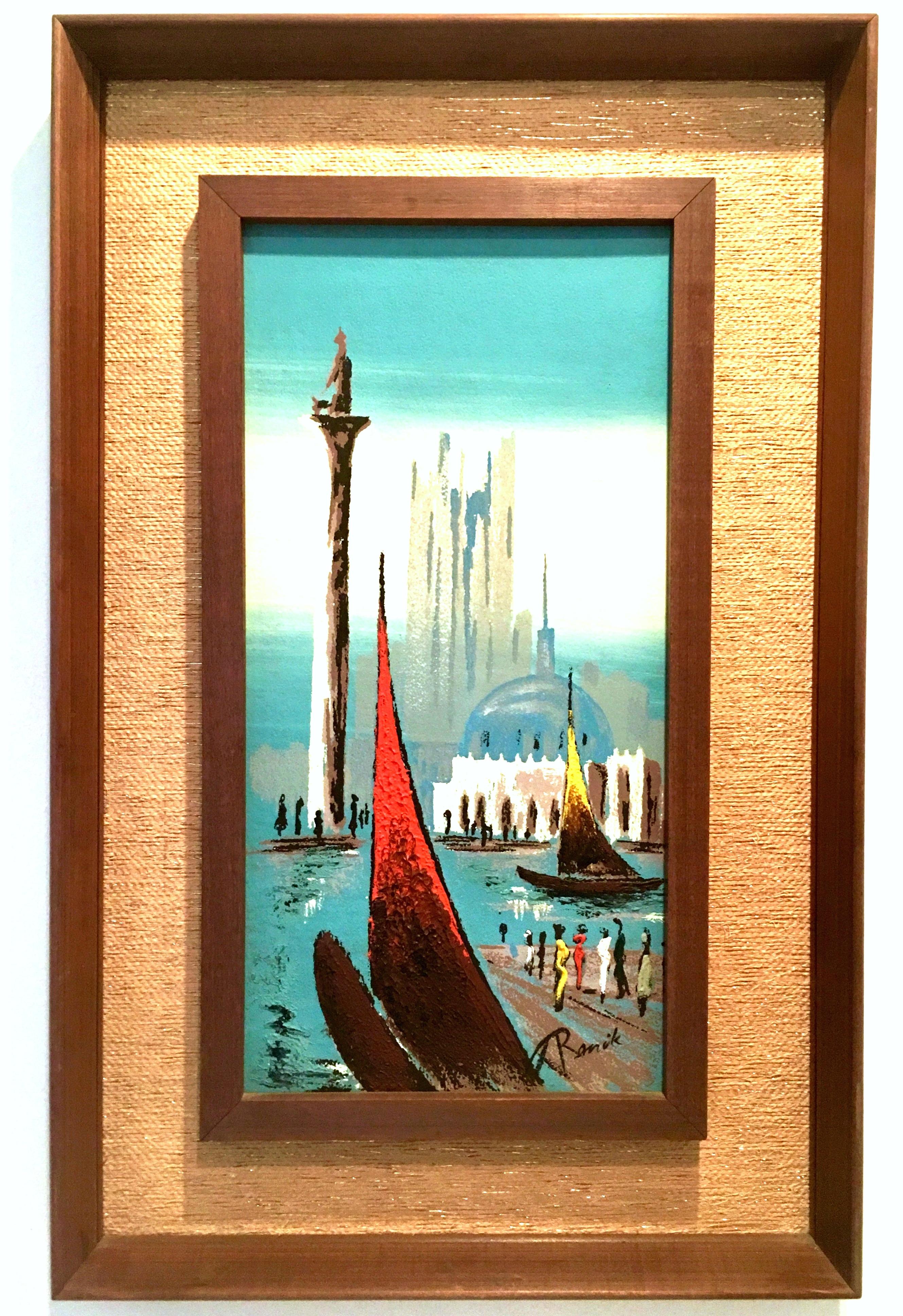 Midcentury original oil on canvas board painting artist-signed. This quintessential Impressionist Mid-Century Modern original oil painting features a textured impasto style, boat on water city harbor scene. Professionally framed in a wood with gold