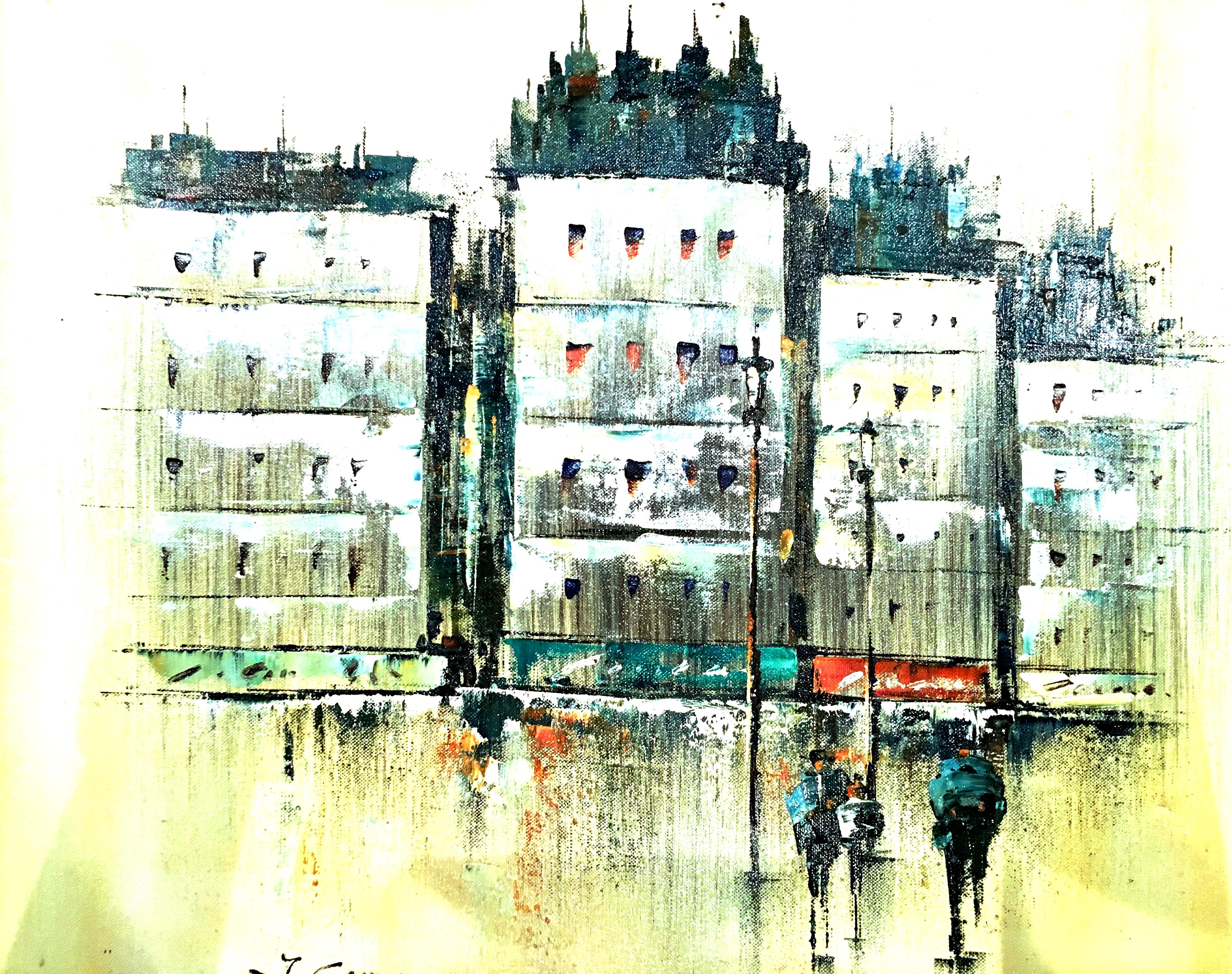 Mid-20th century original oil on canvas painting signed Lower Left Front, J. Gaston. This Modern Impressionist Painting features an abstract Paris street scene. A unique and modern piece for Gaston with his Classic attention to minute detail.