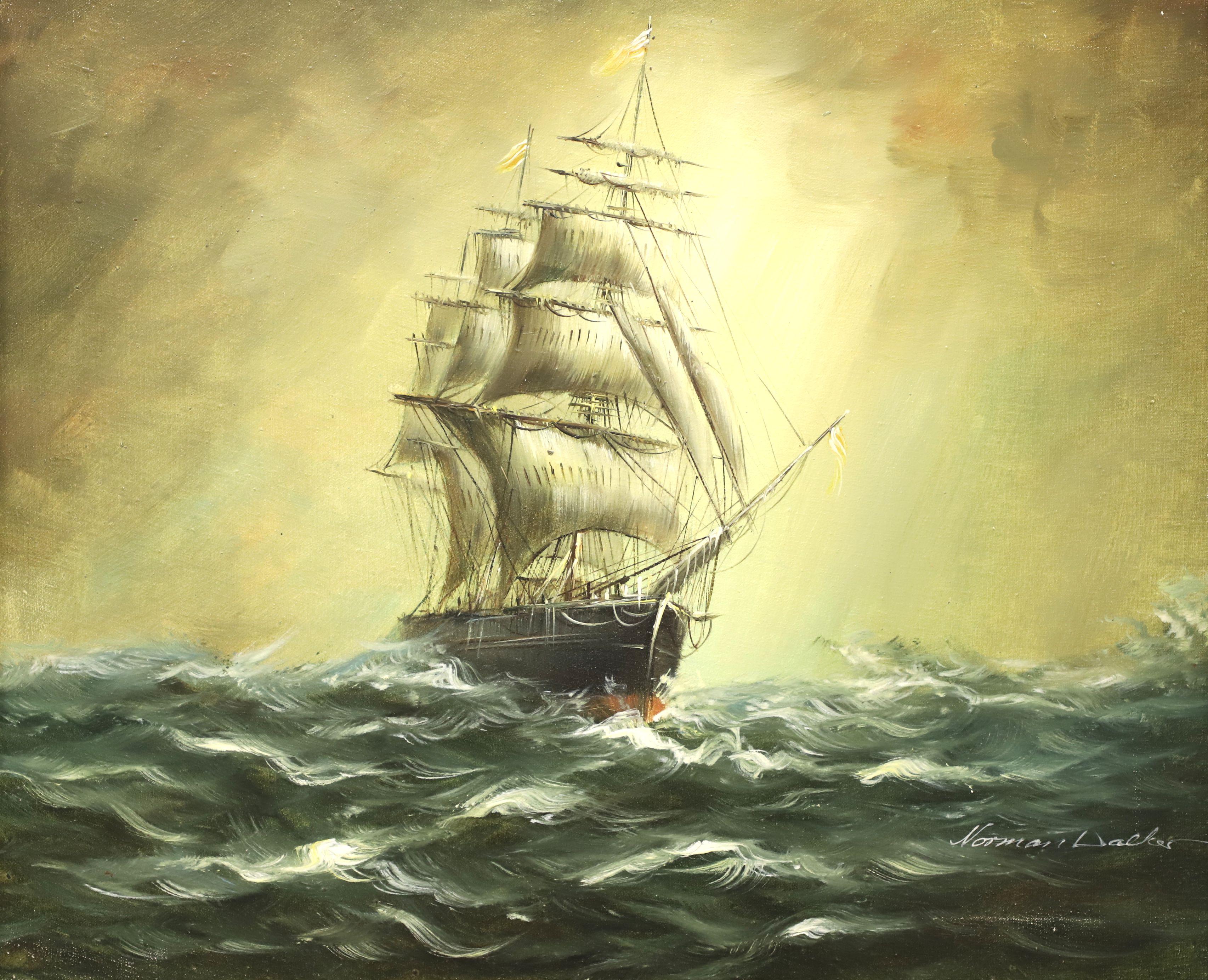 An original oil on canvas painting, from the mid 20th Century. Untitled, (Clipper Ship at Sea). Signed 
