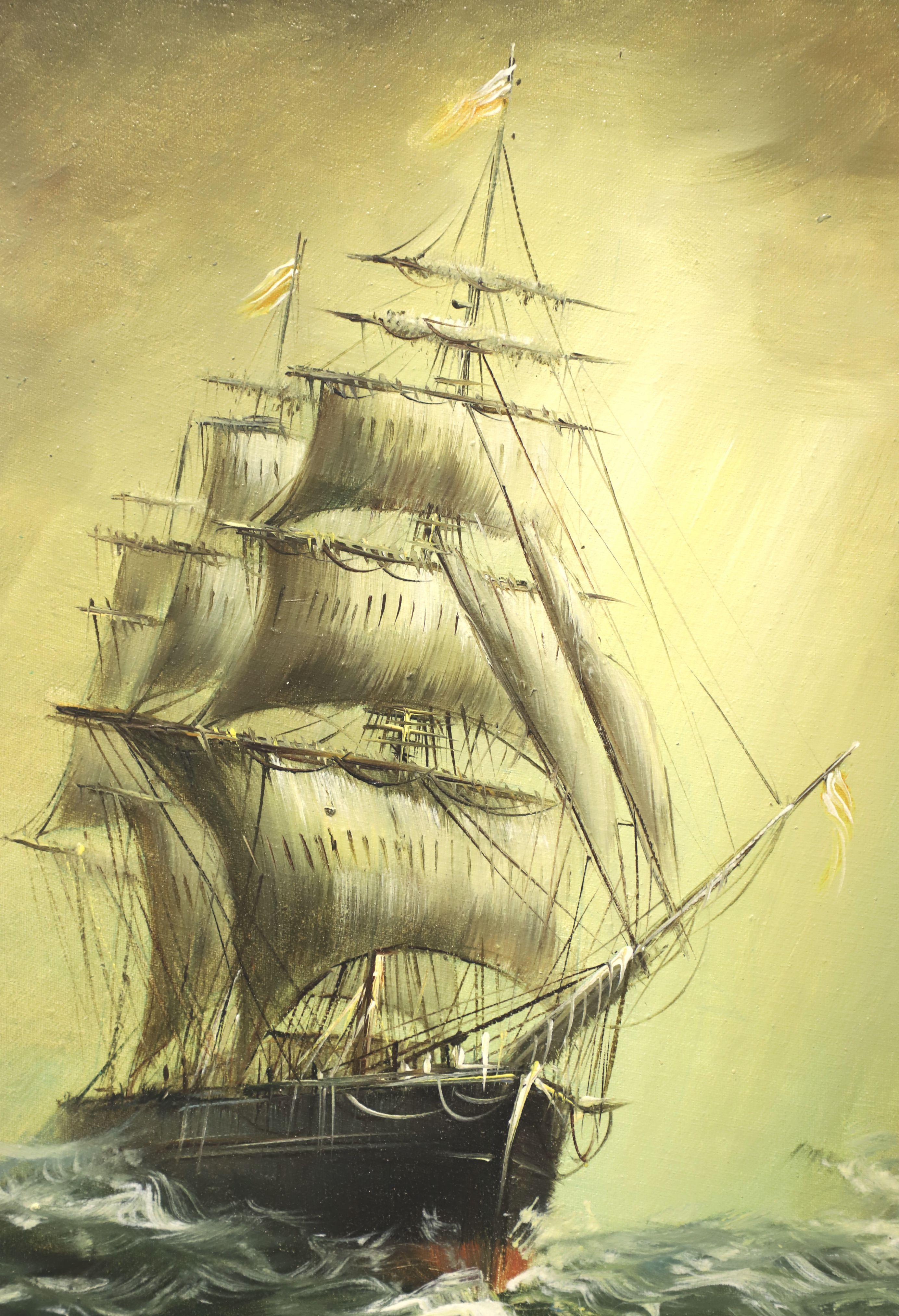 Autre Peinture à l'huile sur toile originale du milieu du XXe siècle - Clipper Ship at Sea - Signé en vente