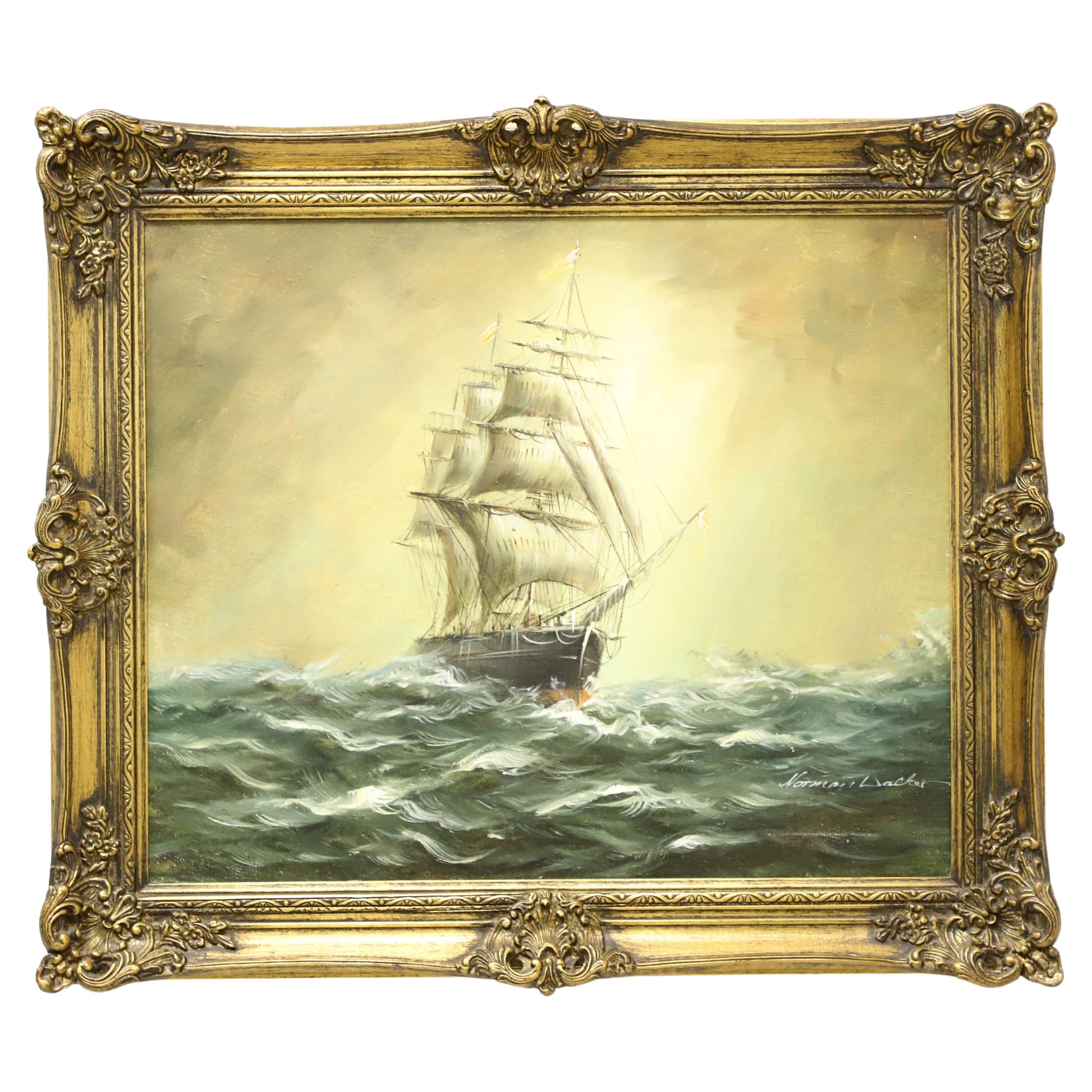 Mid 20th Century Original Oil on Canvas Painting - Clipper Ship at Sea - Signed