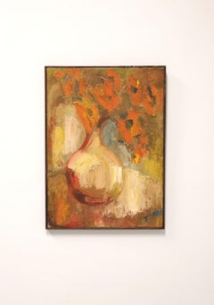Mid 20th Century Original Oil on Canvas Painting, Orange Flowers in Vase -Signed